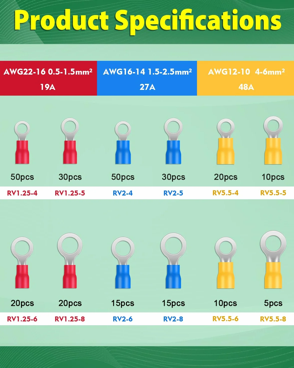 Bolatus 275 sztuk końcówek kablowych 0,5-6 mm², M4/M5/M6/M8, 12 rozmiarów, izolowane złączki zaciskowe