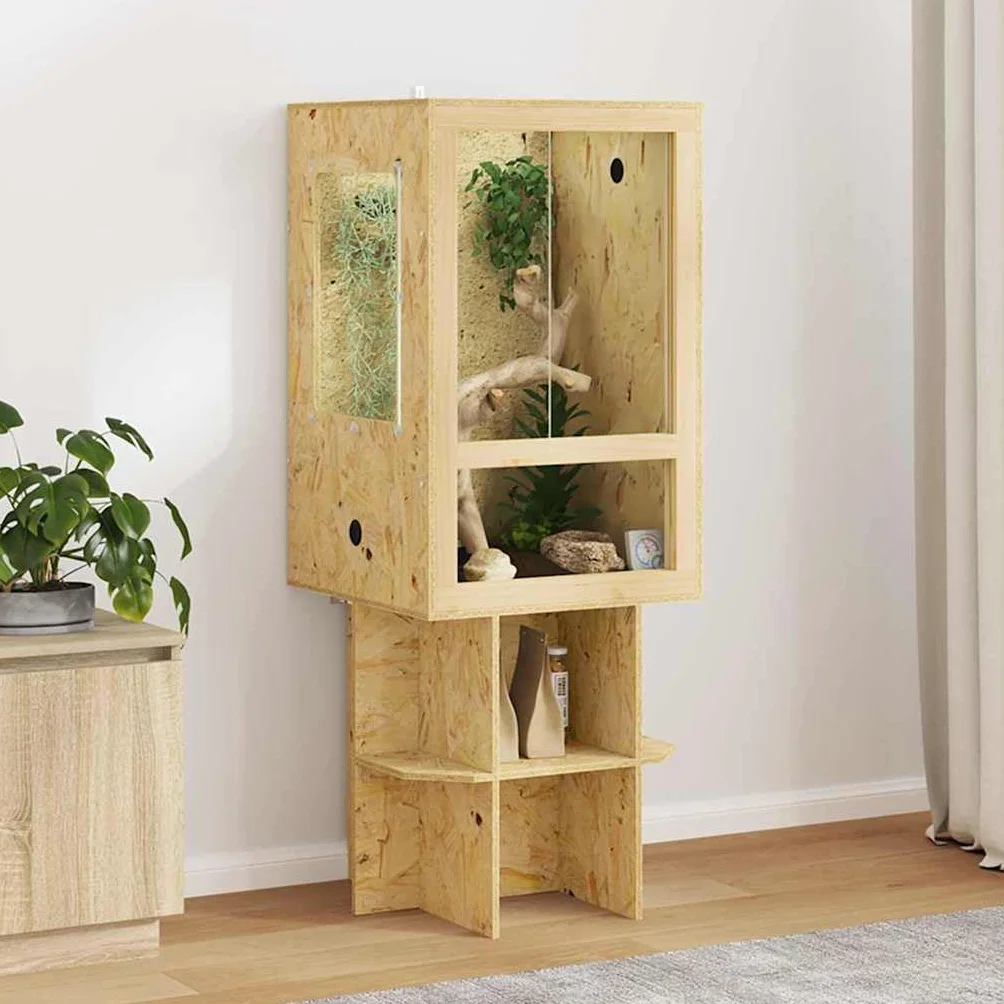 Terrarium brązowe OSB 50 x 50 x 130 cm ze szklanymi drzwiami przesuwnymi i wentylacją, uniwersalny domek dla gadów dla węża, płazów, wiwarium, paludarium i terrarium pustynnego