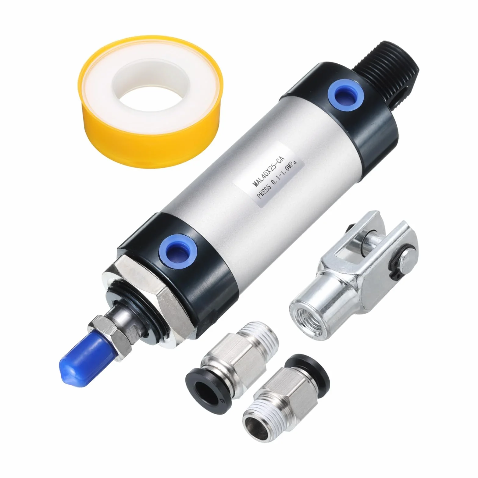 PATIKIL Pneumatyczny cylinder pneumatyczny 40 mm, otwór 75 mm, pojedynczy pręt MAL16 podwójne działanie z 1 szt. złącza Y, 2 szt. szybkozłączki, 1 x taśma do urządzeń automatycznych, srebrny