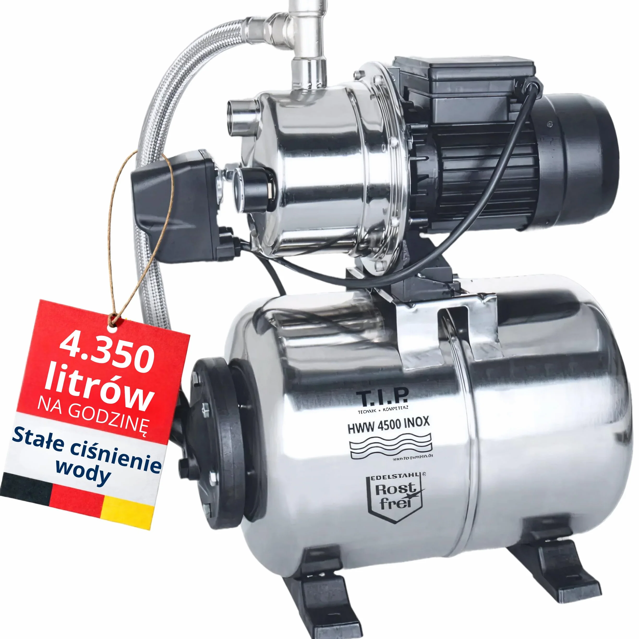 T.I.P. Hauswasserwerk HWW 4500 INOX ze stali nierdzewnej 1200 W 4350 l/h 50 m 5 bar 22 L zbiornik