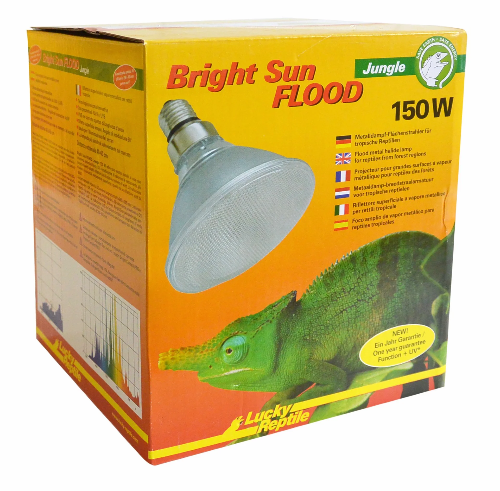 Lucky Reptile Bright Sun Flood Jungle - Metalowa lampa parowa 150W do opraw E27 - Lampa gzewcza do terrarium ze spektrum światła dziennego i promieniowaniem UVA UVB dla gadów tropikalnych