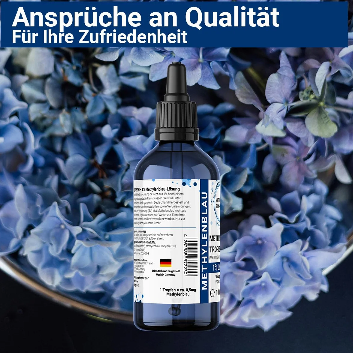 1 x 100 ml roztwór błękitu metylenowego 1% – kropla w butelce z brązowego szkła z pipetą – wysoka czystość Methylene Blue bez dodatków – jakość farmaceutyczna USP – z Niemiec