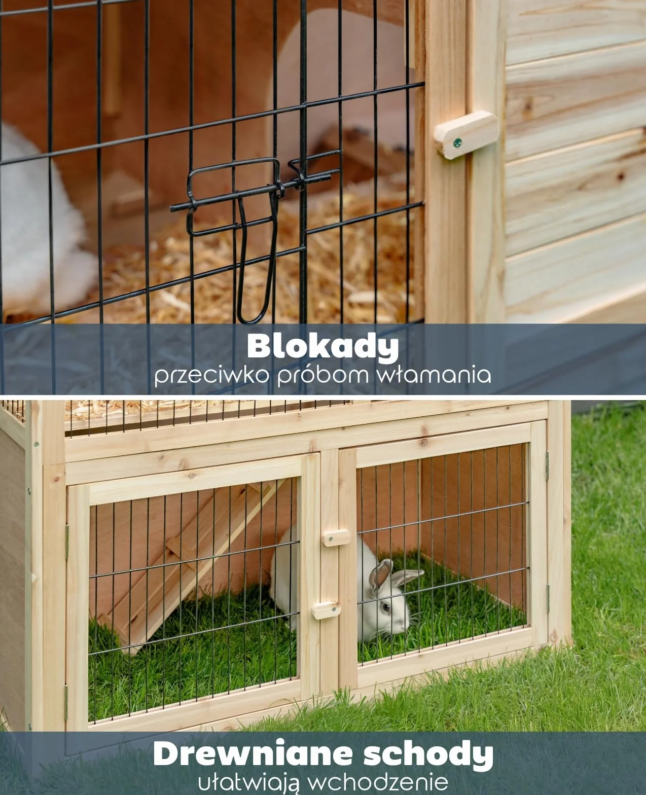 lionto Dwupoziomowa klatka dla królika z drewna z rampą, 98x54x100 cm, dach z bitumu odporny na wodę, metalowa krata, domek zimowy dla królika na zewnątrz, 4 wejścia