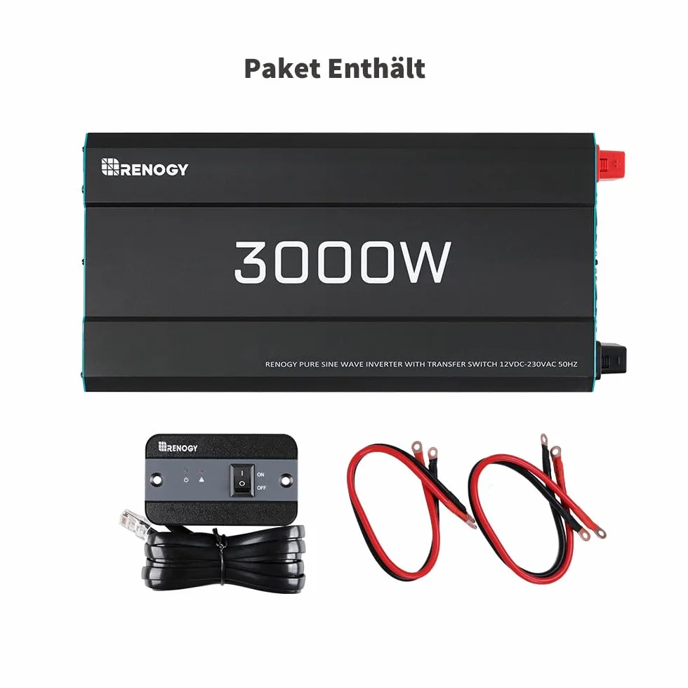 Renogy Falownik sinusoidalny 3000 W/6000 W, 12 V do 230 V, czysty falownik z układem priorytetowym, przetwornica napięcia z 2 gniazdami do urządzeń domowych