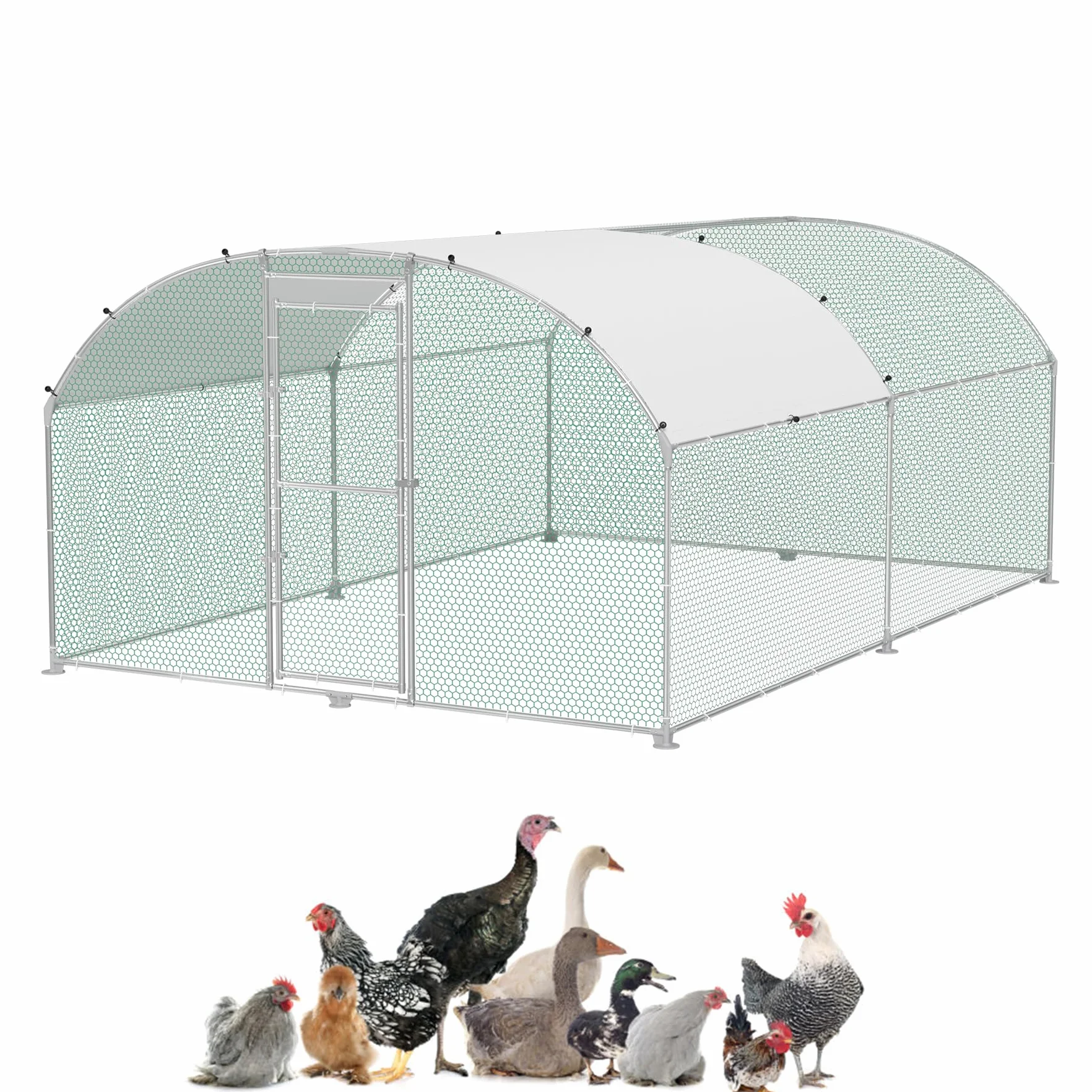 UISEBRT Kurnik 3 x 4 m, klatka dla kur, wybieg, z ocynkowanych rur, wybieg z zamykanymi drzwiami i dachem kopułowym, dla kur, królików, drobiu, małych zwierząt