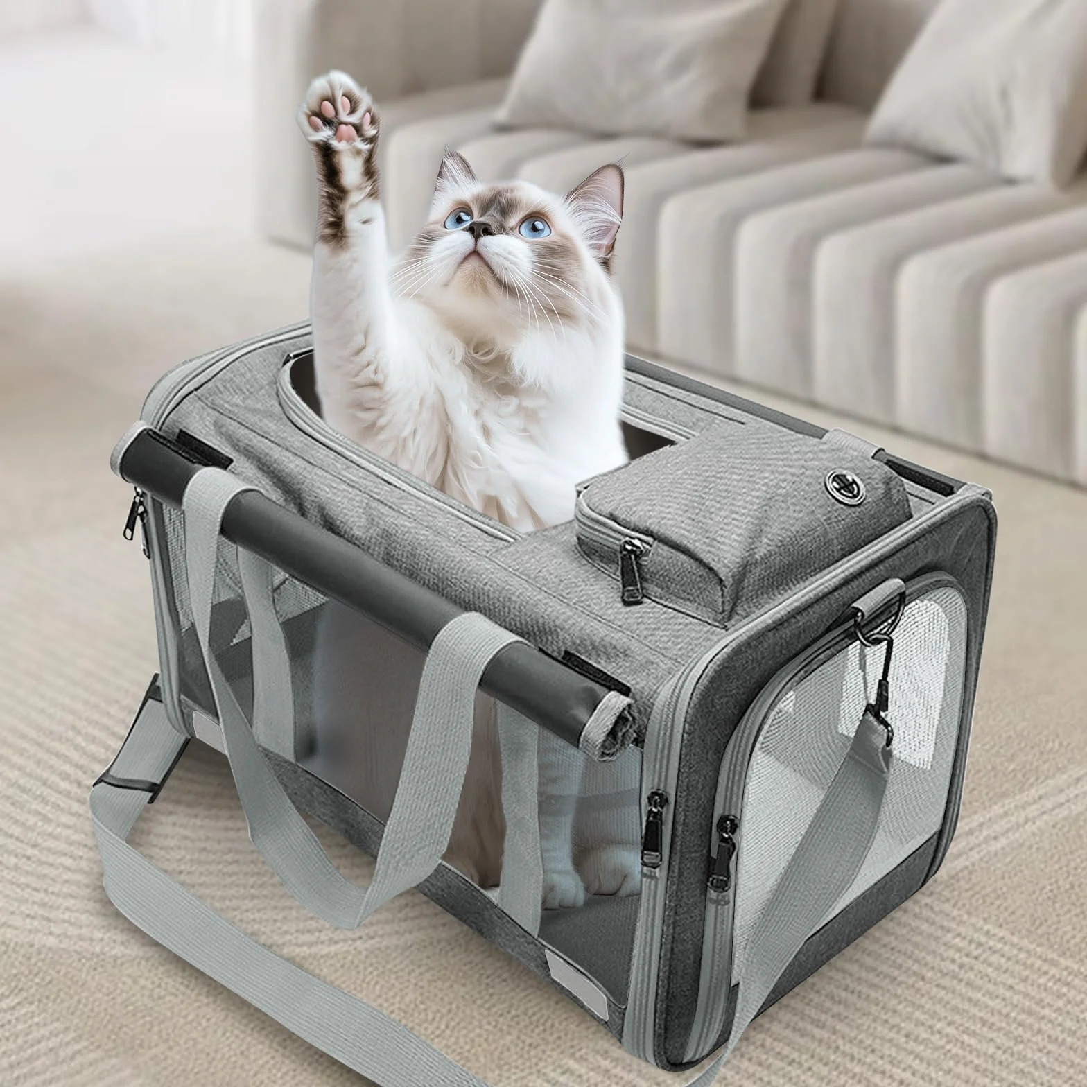Transporter dla kota, składana torba transportowa dla kota – torba transportowa dla kotów i małych psów do 9 kg – 46×30×30 cm – z osłoną, kieszenią i oddychającą siatką (ciemnoszary)