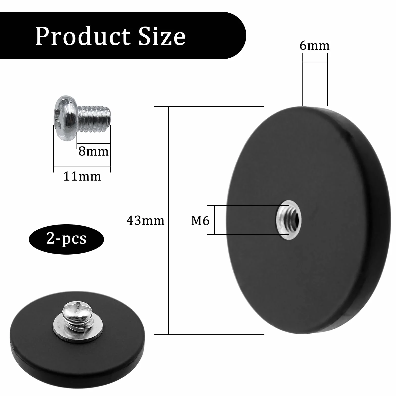 2 sztuki mocnych gumowanych magnesów Ø 43 mm magnesy z gwintem wewnętrznym M6, gumowane magnesy, magnetyczna podstawa montażowa o sile przyczepności 10 kg do listew świetlnych, pojazdów, lamp, śrub, 2
