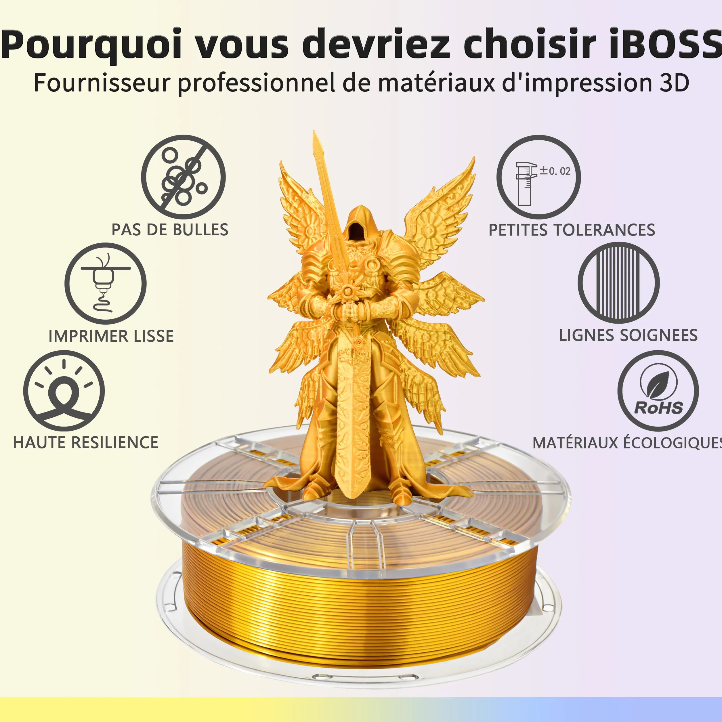 iBOSS Silk PLA+ filament 1,75 mm, gładki i błyszczący, dokładność ±0,02 mm, szpula 1 kg, Jedwabiste złoto