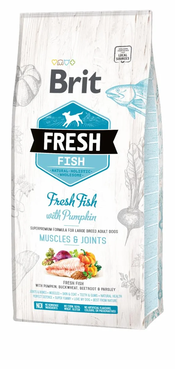 Brit Fresh Karma rybna dla psów wielkorasowych, z dynią i gryką, formuła mięśniowa i stawów, bezglutenowa, 12 kg