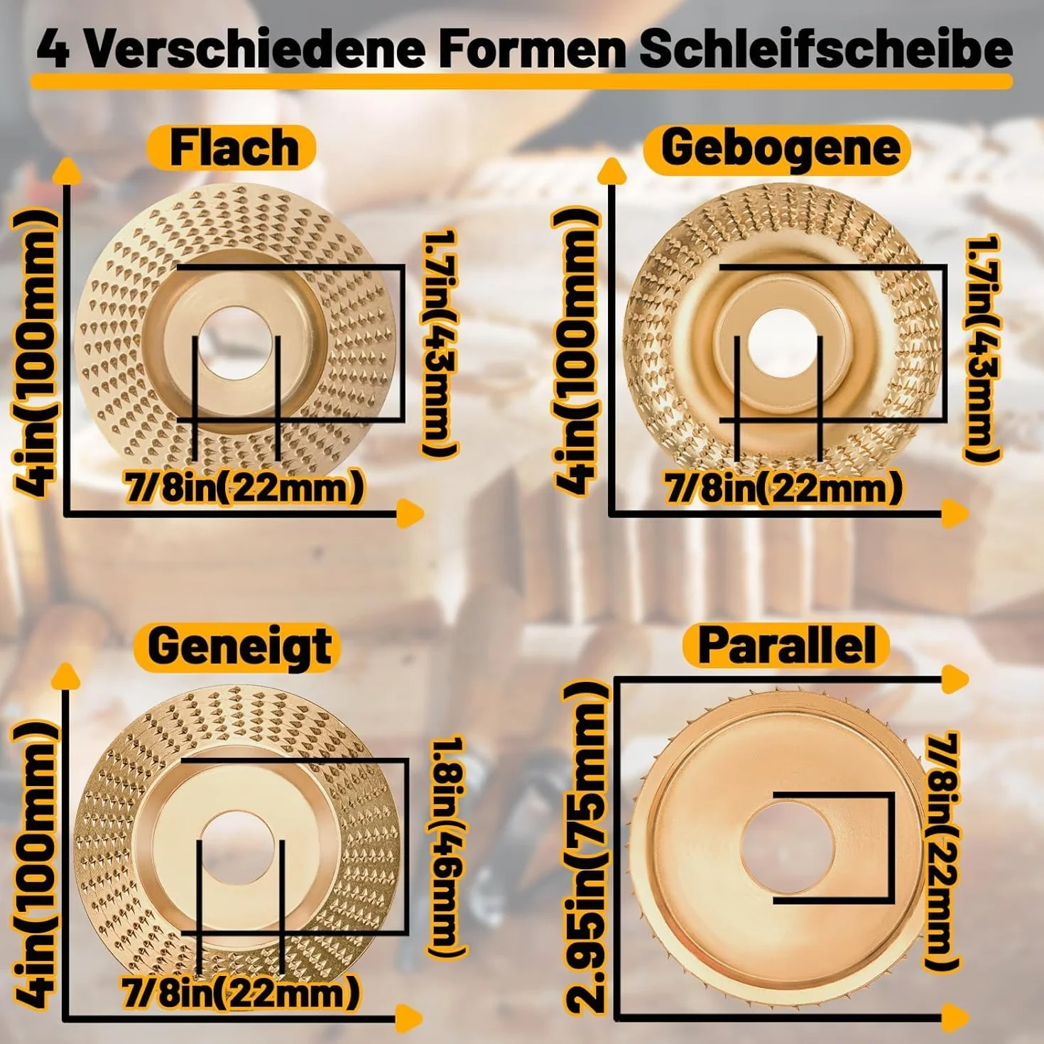 4 tarcze frezarskie do szlifierki kątowej do drewna 115/125 mm, szlifierki kątowe z 7/8 cala (22 mm) do szlifierek kątowych, do drewna, do szlifowania i cięcia (złote)