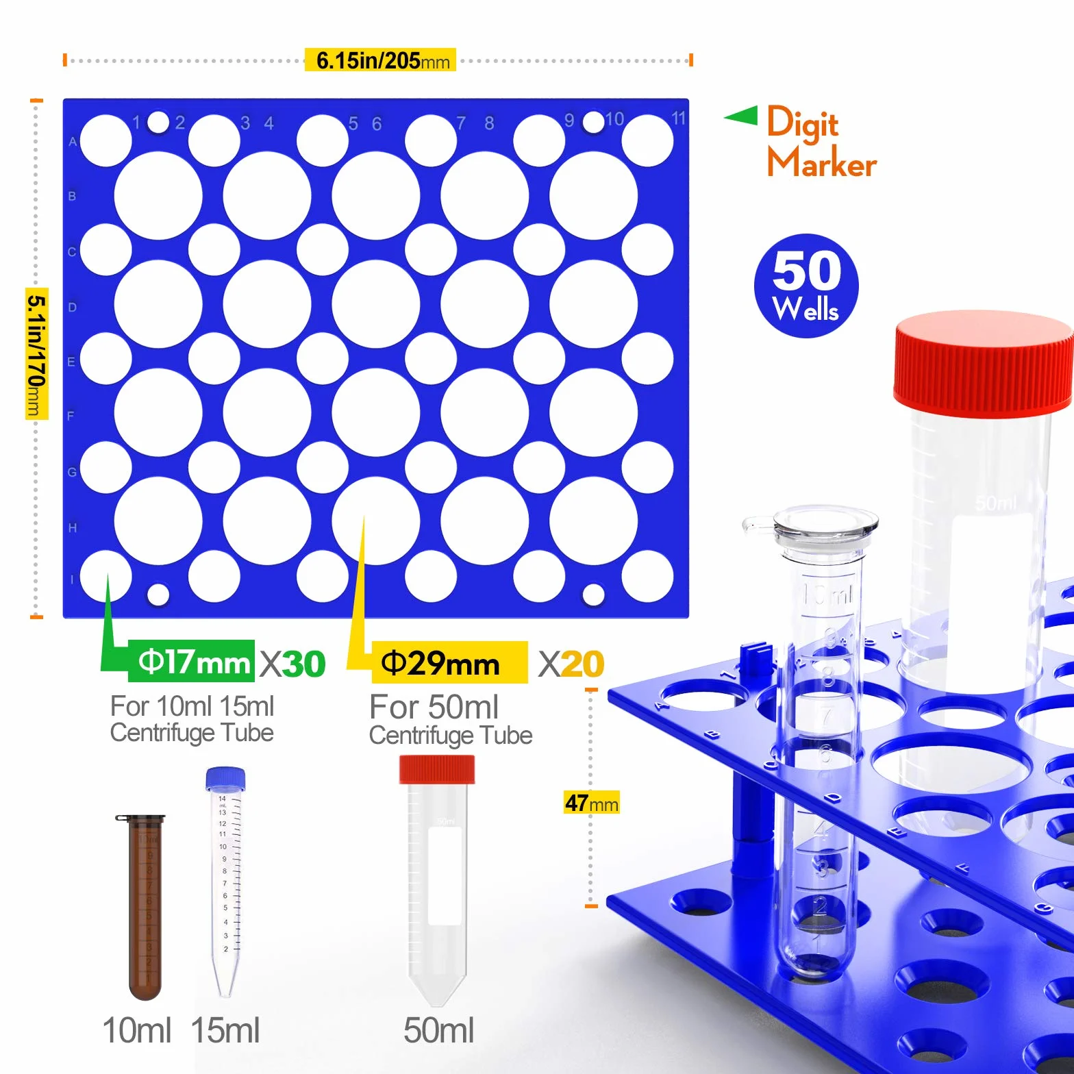 2 szt. 50 studni stojak na rurkę na 10 ml/15 ml/50 ml laboratoryjny plastikowy pojemnik na rurkę (pomarańczowy i niebieski)