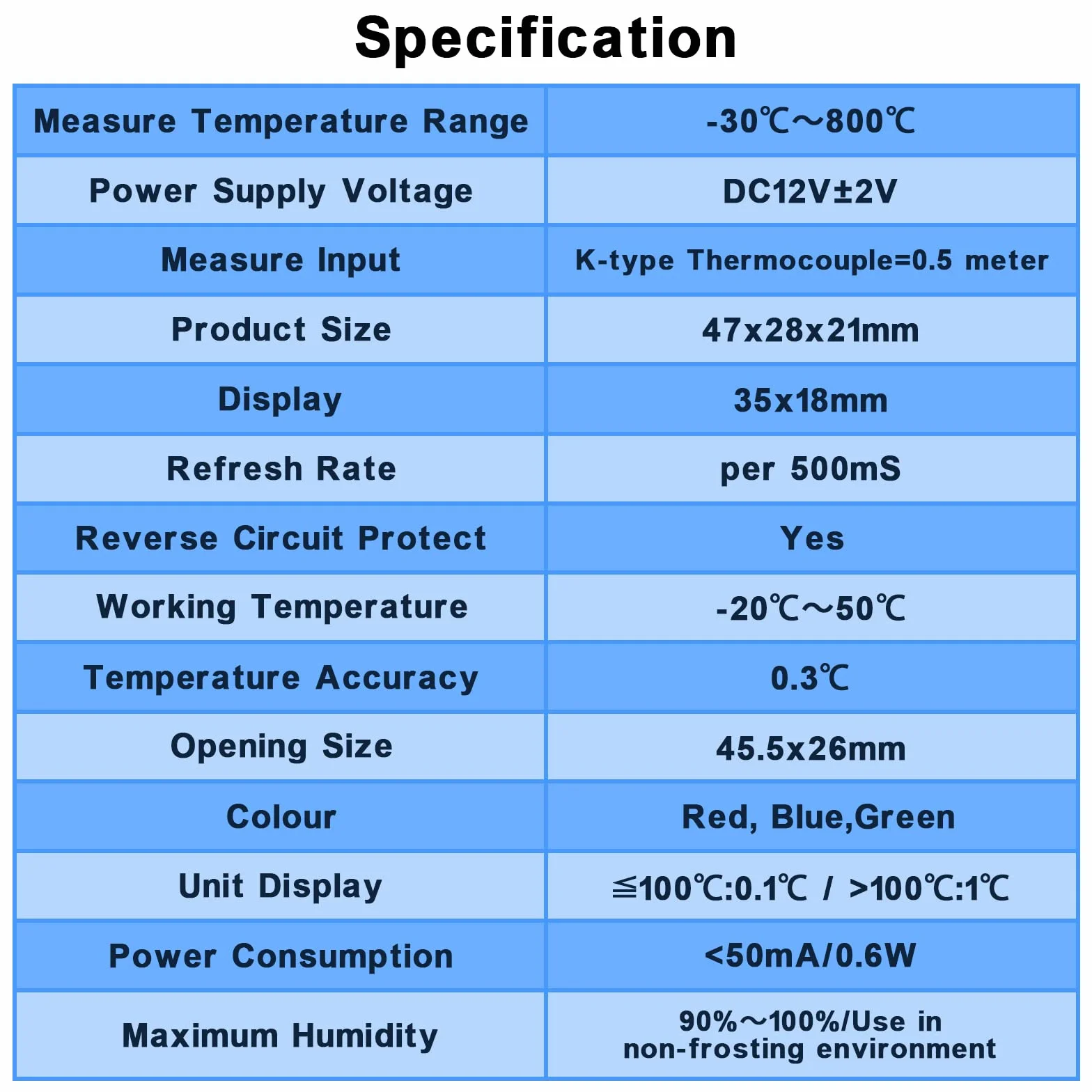 Termometr Cyfrowy DC 12V LED Przemysłowy z Sondą Termopary Typu-K -30～800℃ Wodoodporny Czerwony