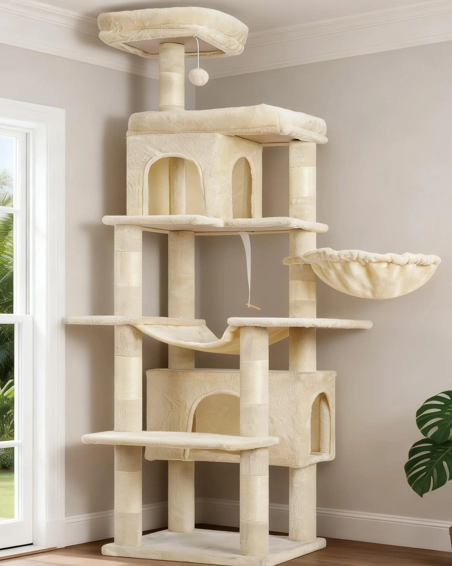 Heybly Cat Tree, 178 cm Wysokości, Drapak Dla Kotów Domowych, Drapak Dla Kota Z 8 Drapakami, 2 Jaskiniami, 2 Platformami, Hamakiem, Koszem, Pluszowym Baldachimem, Beżowy HCT036M