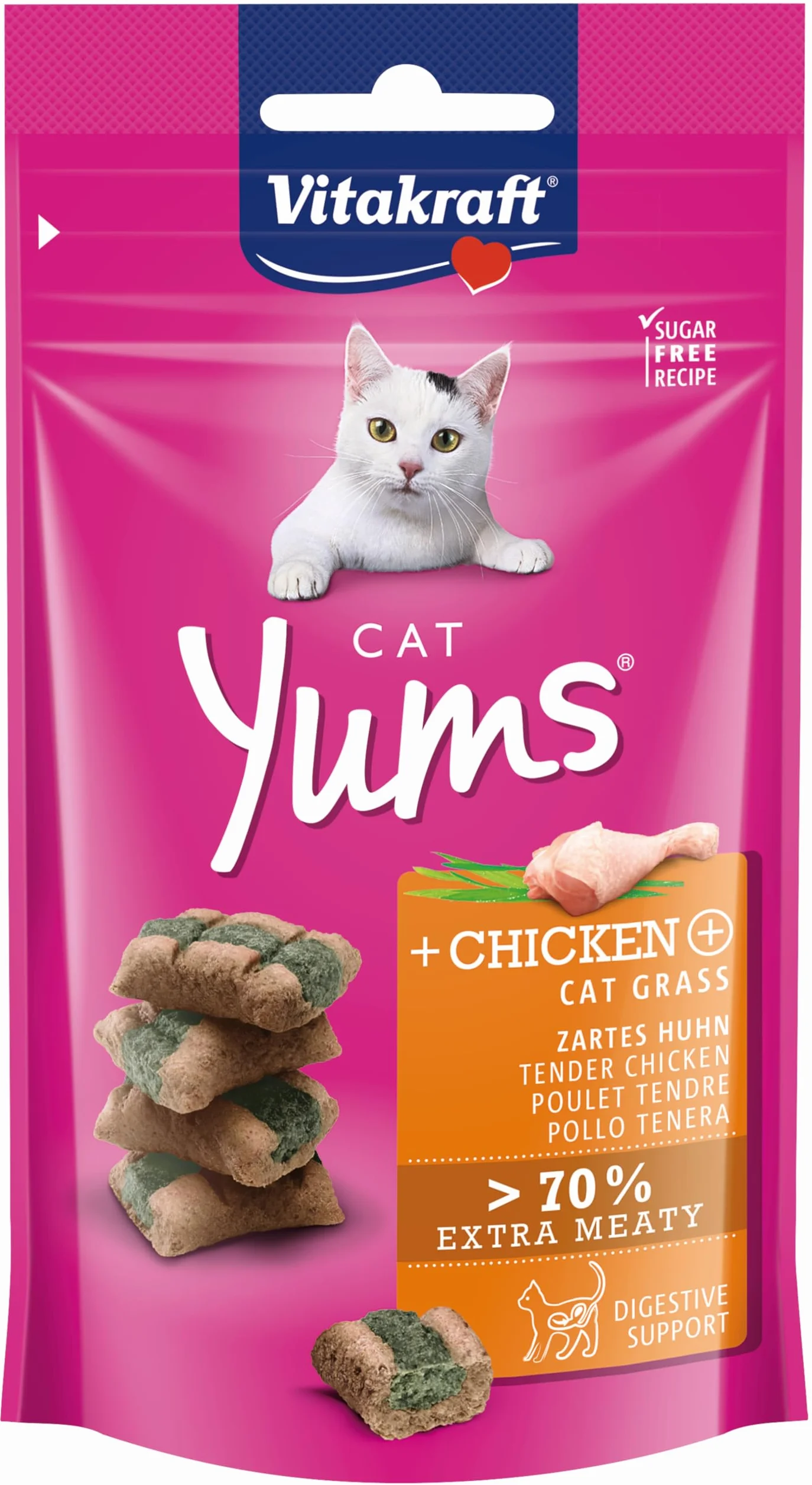 Vitakraft Cat Yums, przekąska dla kotów, z kurczakiem i trawą dla kotów, z widocznym wypełnieniem, w zamykanym woreczku, bez dodatku cukru i zbóż (1 x 40 g)