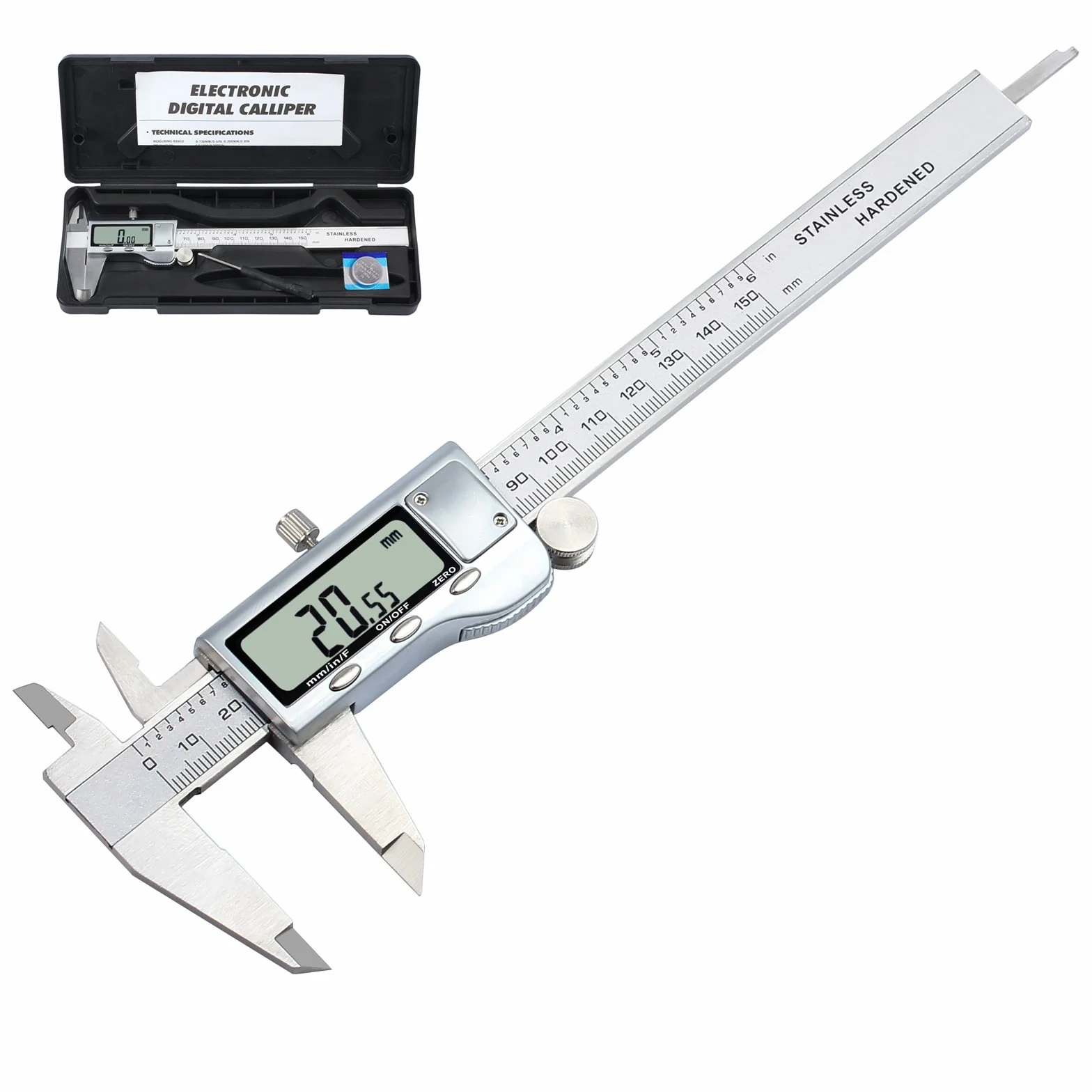 Neoteck Suwmiarka cyfrowa ze stali nierdzewnej 150 mm suwmiarka cyfrowa do długości szerokości głębokości średnica wewnętrzna/zewnętrzna mm/cal/f