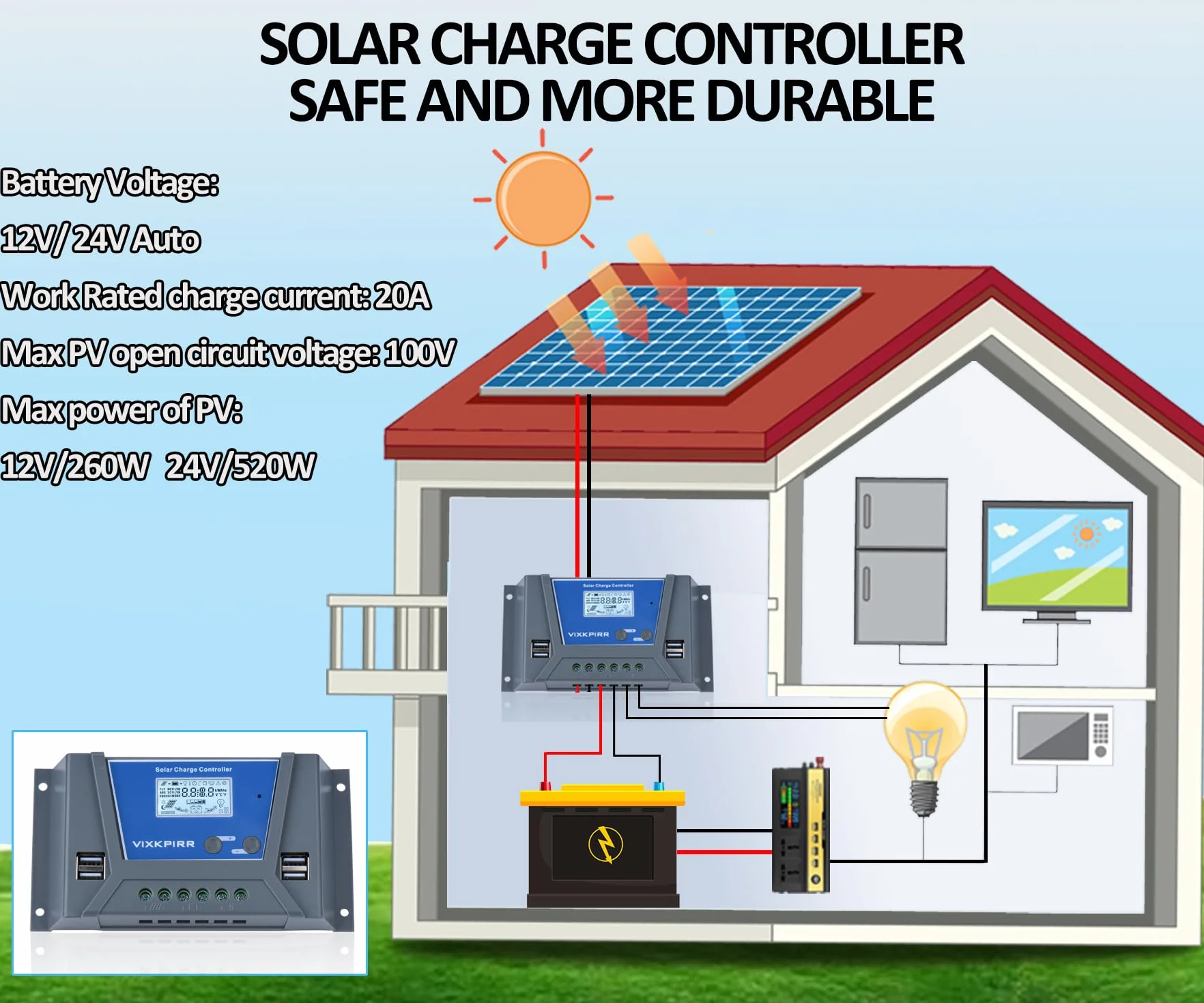 20 A solarny regulator ładowania 12 V, 24 V, PWM 20 A, regulator ładowania z czujnikiem temperatury, wyświetlacz LCD, 4 porty USB, pasuje do różnych akumulatorów ołowiowych i litowych 12 V
