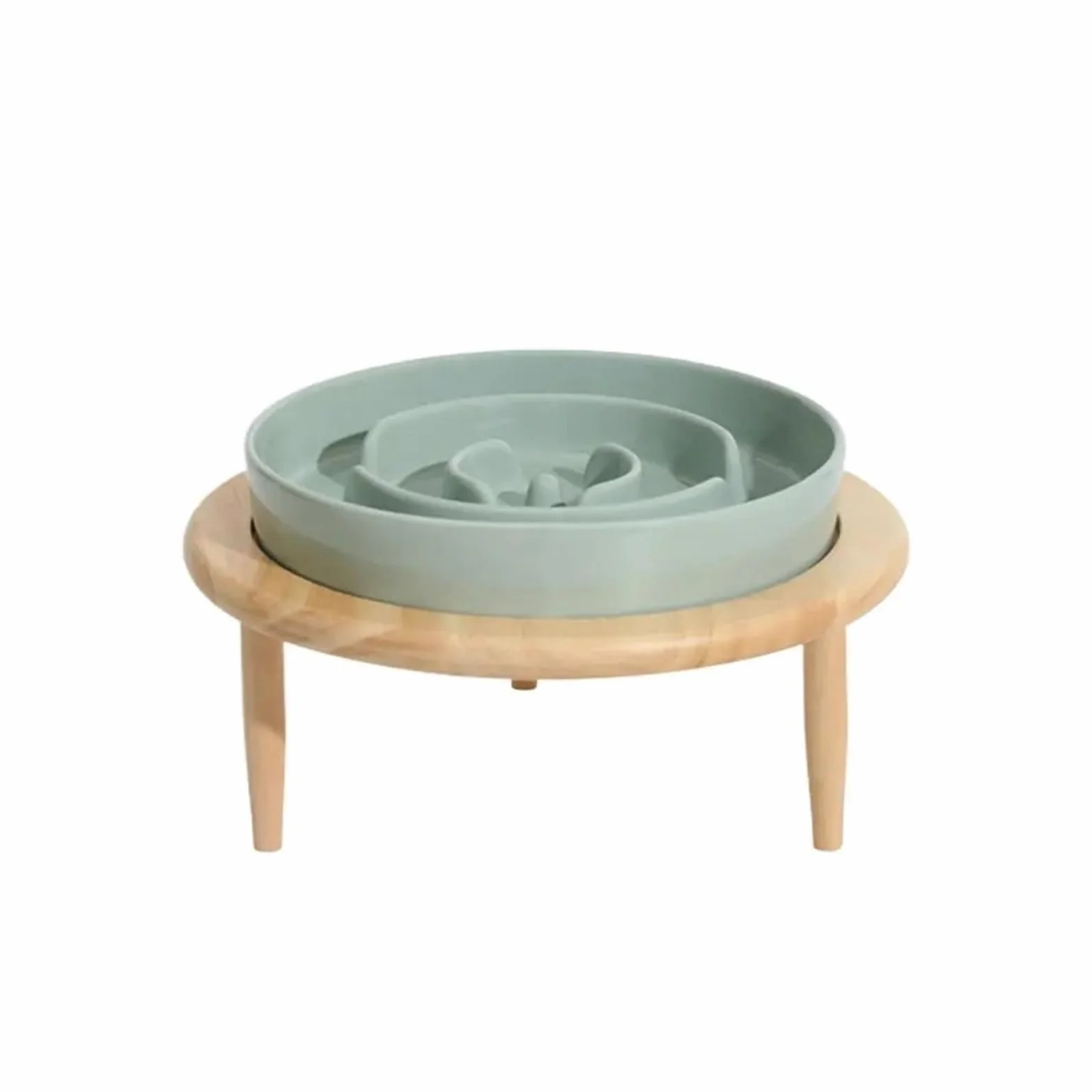 Koty psy zwierzęta miska powolny podajnik antypoślizgowa ceramiczna miska dla psa z drewna podwyższona podstawa artykuły do karmienia nadaje się do mycia w zmywarce (jasnozielona)