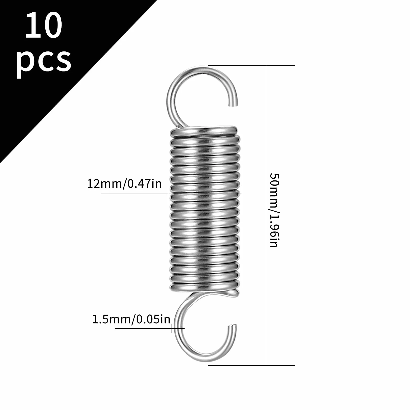 10 szt. małych sprężyn przedłużających, sprężyny naciągowe, wydłużona sprężyna ściskana, podwójny hak, wytrzymała sprężyna zastępcza ze stali nierdzewnej do namiotów, markiz, trampoliny, 2 x 0,47 x
