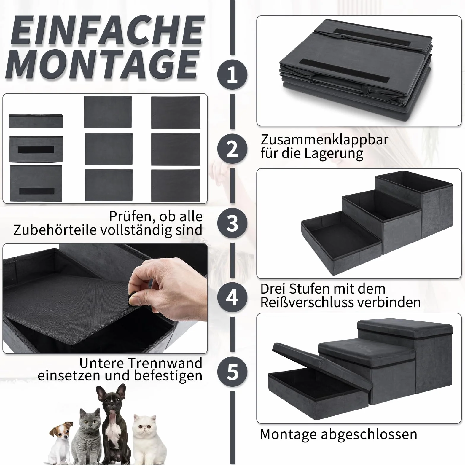 OUUTMEE Schody dla zwierząt domowych, 3 stopnie, składane z miejscem do przechowywania, do łóżek, sof, schodów dla starych kotów, psów, maksymalna nośność 30 kg, kolor szary