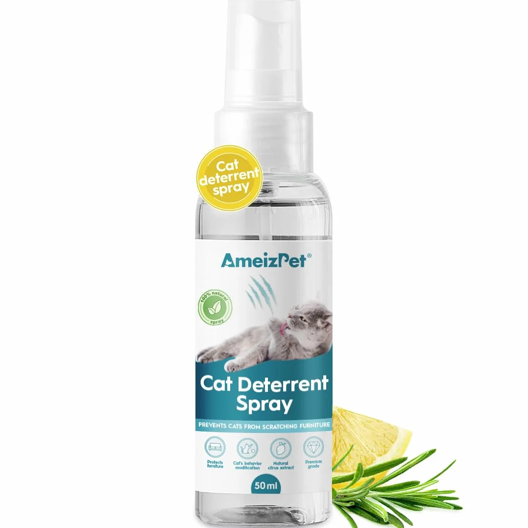 AmeizPet Spray Odstraszający Koty Przed Drapaniem, Spray Odstraszający Koty, Zapobiega Drapaniu Mebli, Dywanów, Zasłon I Roślin, Do Użytku Wewnątrz I Na Zewnątrz, 50 ml (1.69 oz)