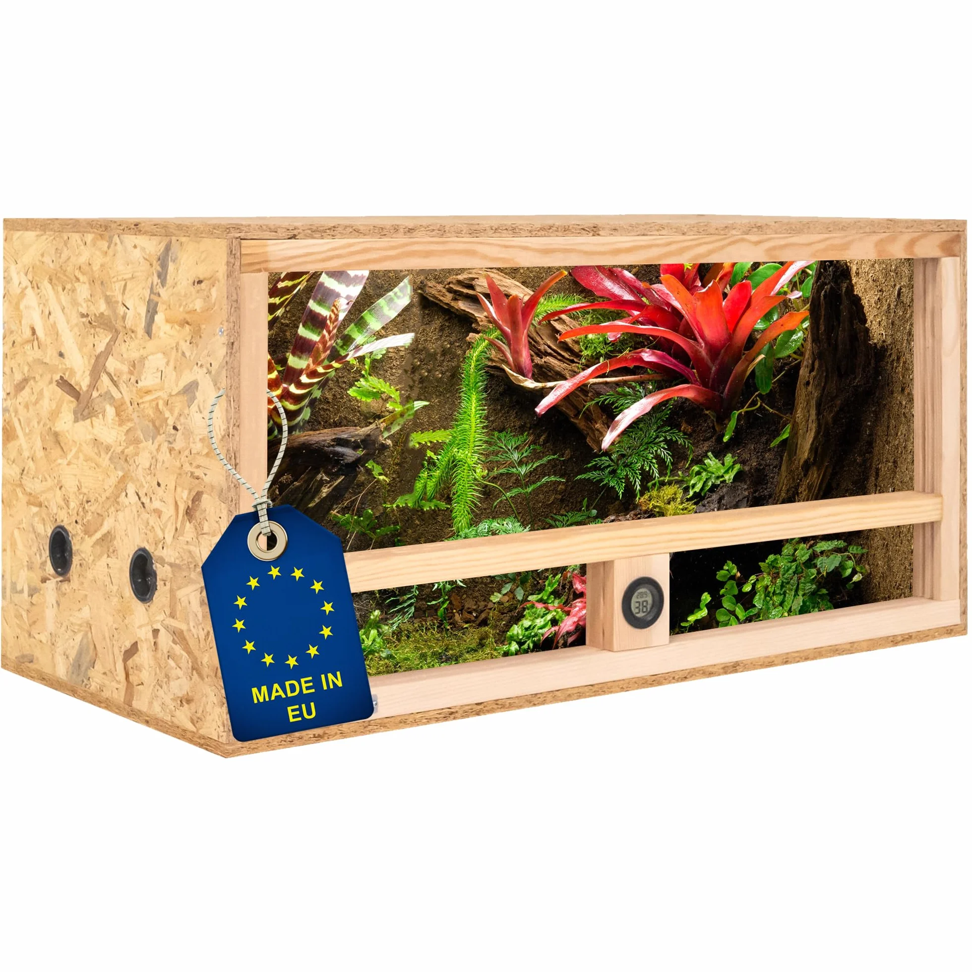 Terrarium z drewna 80x40x40 cm z wentylacją boczną i wbudowanym higrometrem, terrarium z drewna OSB3, dla gadów, węży, płazów, produkt UE, certyfikat FSC