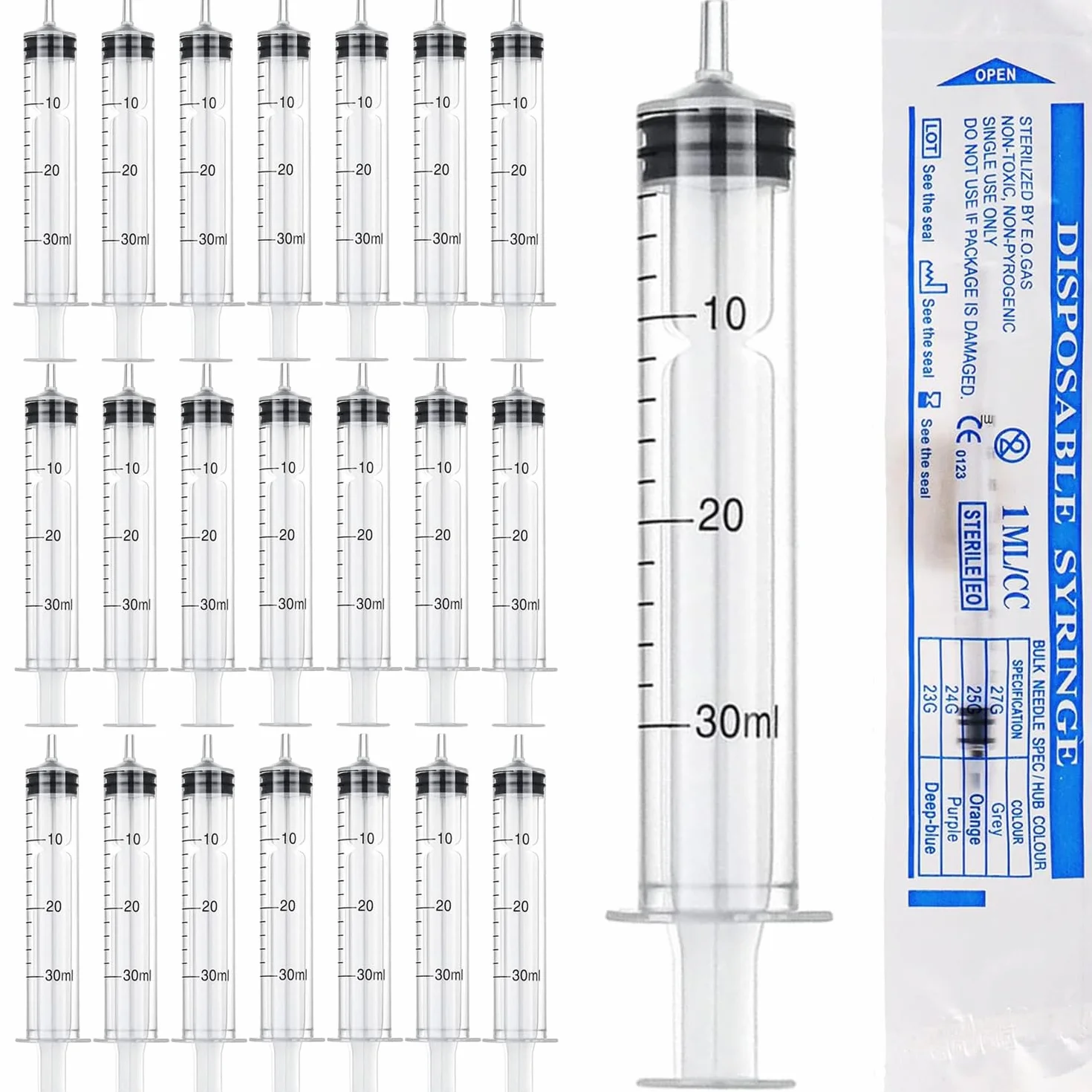 Strzykawki z tworzywa sztucznego, 25 sztuk, 30 ml, strzykawki z pokrywką, sterylne strzykawki bez igły, do laboratorium naukowego, pomiaru płynów i dozowania, karmienia zwierząt, nawadniania roślin