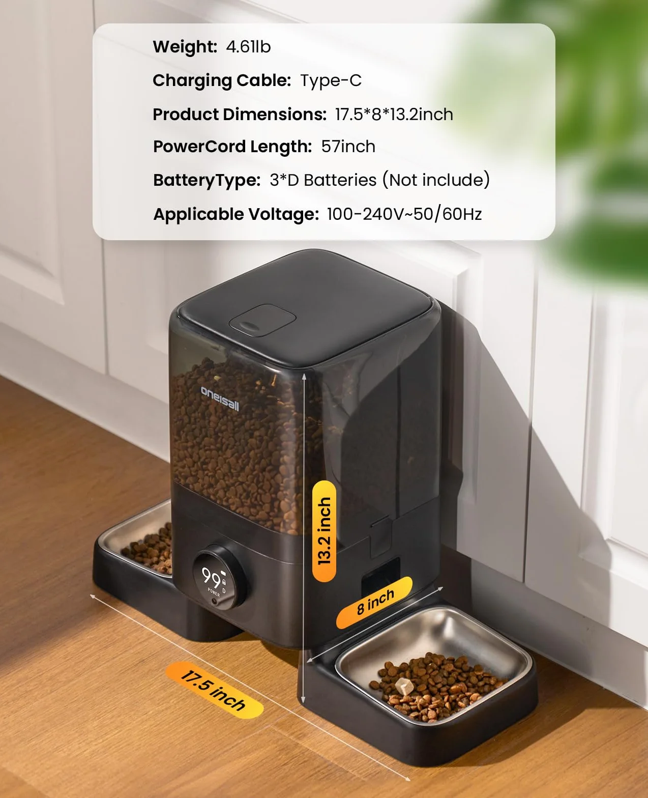 oneisall Bezprzewodowy automat do karmy dla kotów, 2 miski, WiFi, inteligentna karma dla kotów, 5 l, ze sterowaniem za pomocą aplikacji, dla kotów/psów, 1-10 posiłków dziennie, dyktafon głosowy