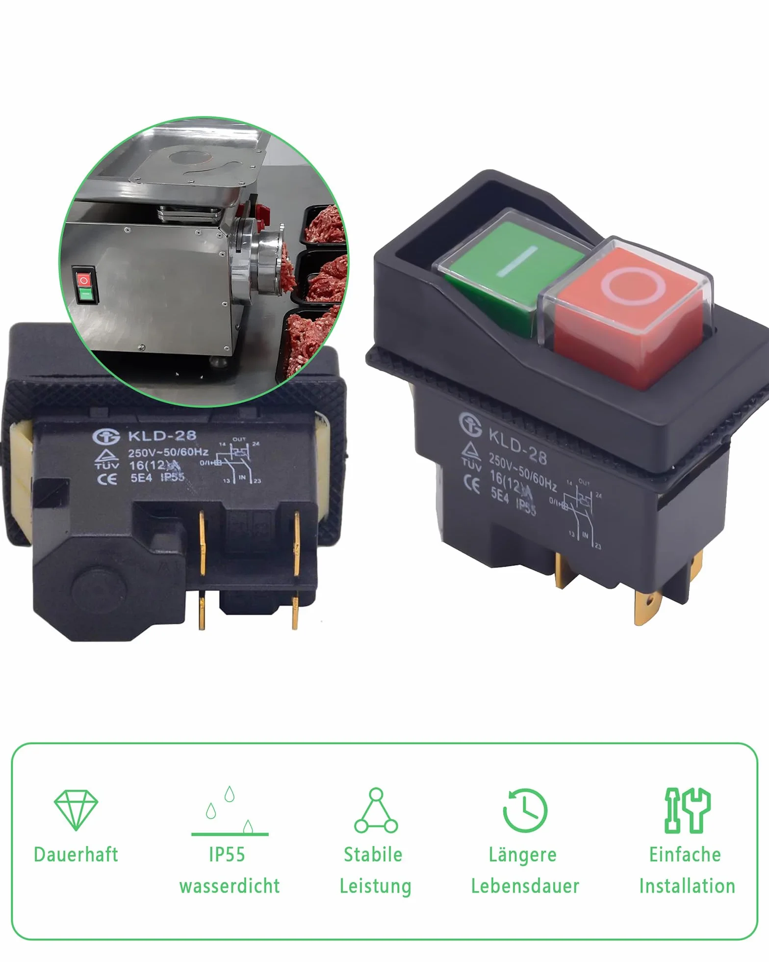 Przełącznik elektromagnetyczny 250 V, 16 A: przełącznik maszynowy, przełącznik przyciskowy, wyłącznik ochronny silnika do betoniarek i maszyn warsztatowych (4 piny)