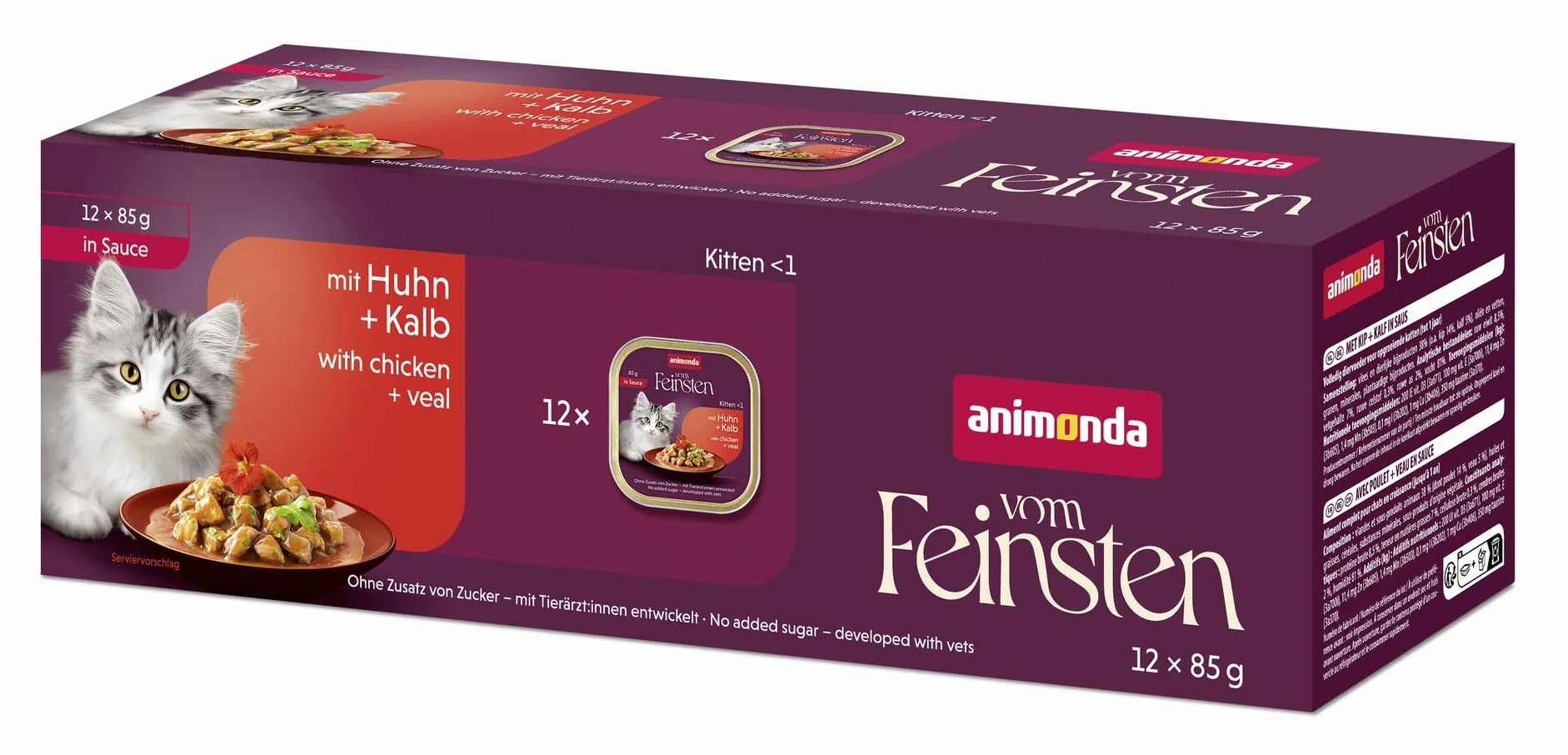 animonda vom Feinsten Premium Kitten karma dla kotów mokra kurczak + cielęcina w sosie (12 x 85 g), wysokiej jakości mokra karma dla kotów bez cukru