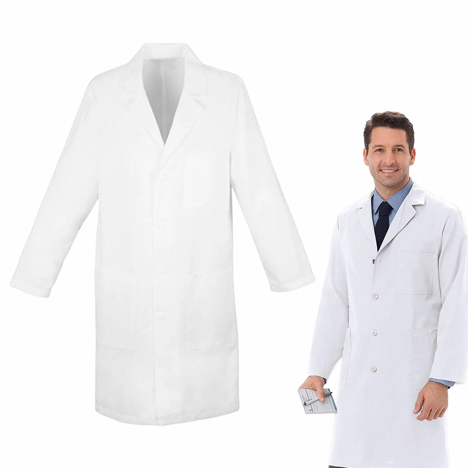 Fartuch laboratoryjny dla mężczyzn i kobiet, fartuszek lekarski, fartuch laboratoryjny, biały, bawełniany fartuch lekarski, z guzikami i 3 kieszeniami, do szkoły, unisex, do laboratorium, nauki, pracy