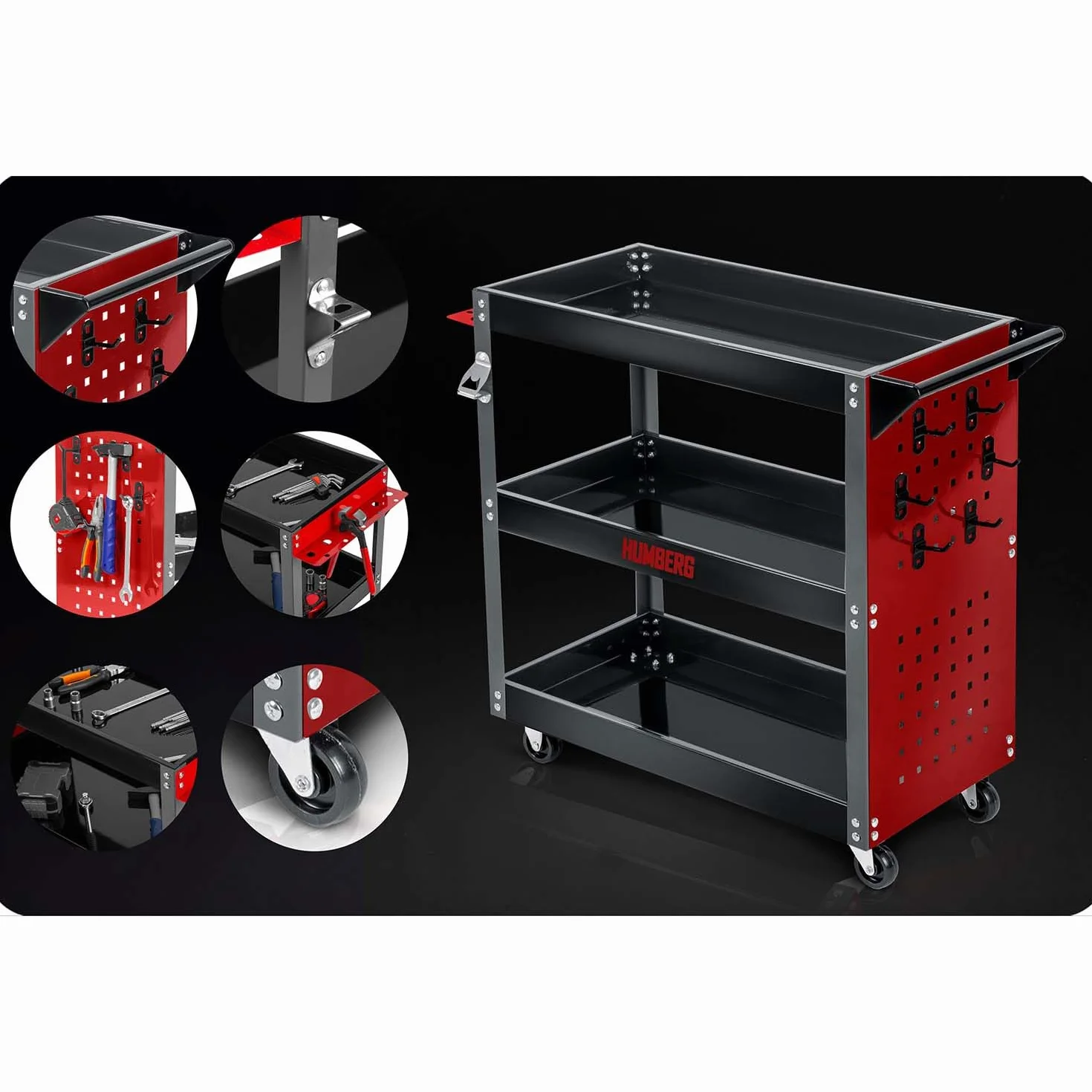 Humberg Wózek Warsztatowy do Garażu - 3-Poziomowy z 6 Haczykami - Udźwig do 300 kg - Stal i Aluminium 80 x 35 x 73 cm
