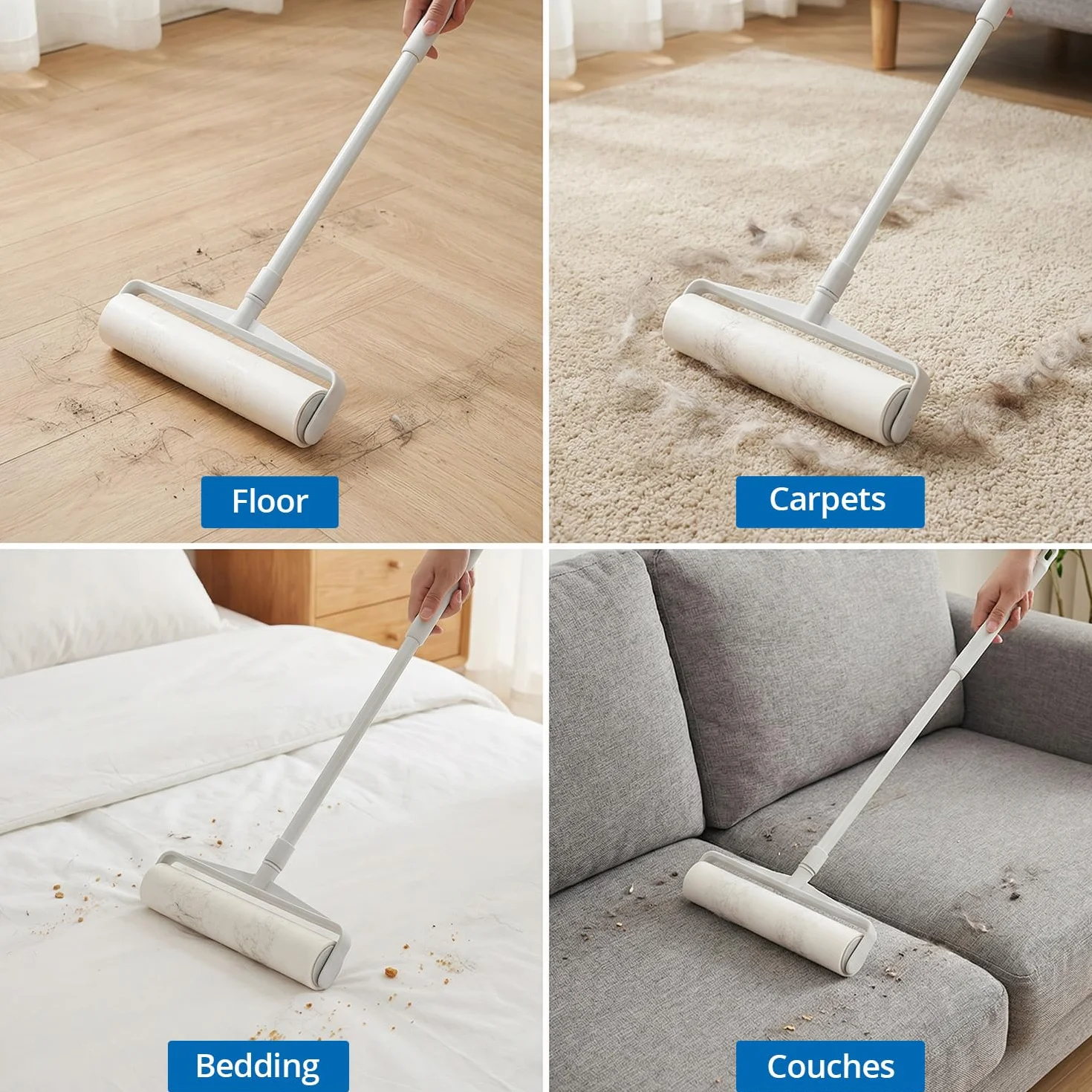 QWORK® Duży wałek do kłaczków do sierści zwierząt domowych, 24 cm, ultra szeroki – wysuwany długi uchwyt, lepki mop z 360 arkuszami na dywan, podłogę i sofę, wytrzymały przyrząd do usuwania sierści