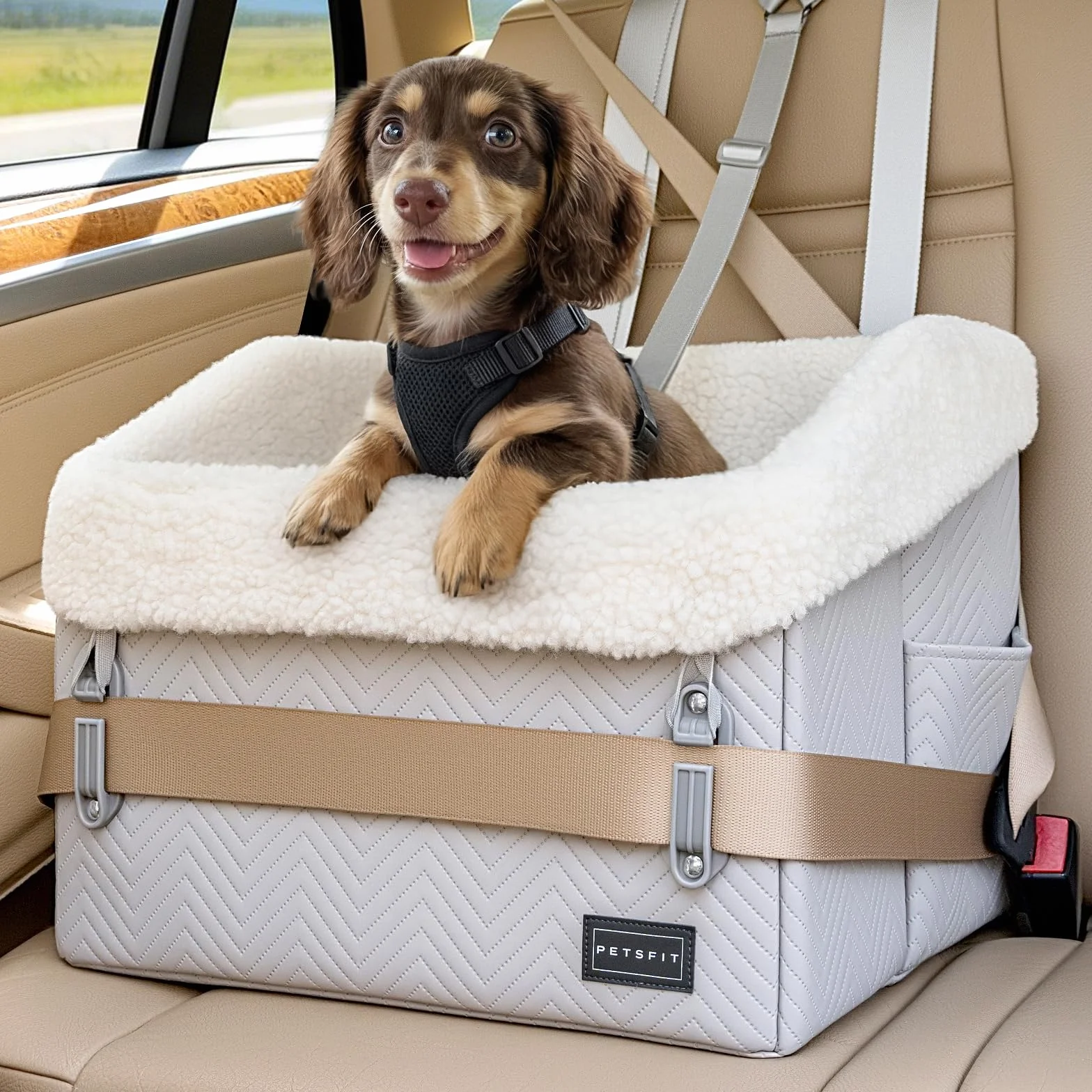 PETSFIT Fotelik samochodowy dla małego psa, wodoodporny fotelik samochodowy ze skóry PU z opatentowanymi bezpiecznymi klamrami, fotelik samochodowy dla średnich lub małych zwierząt o wadze do 13,6 kg