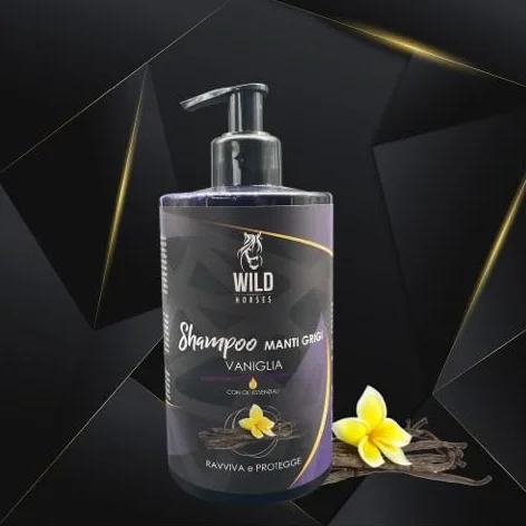 Wild Horses Szampon koni Manti szary z olejkami eterycznymi, w przypadku matowego płaszcza, kolor waniliowy, 500 ml, wyprodukowany we Włoszech