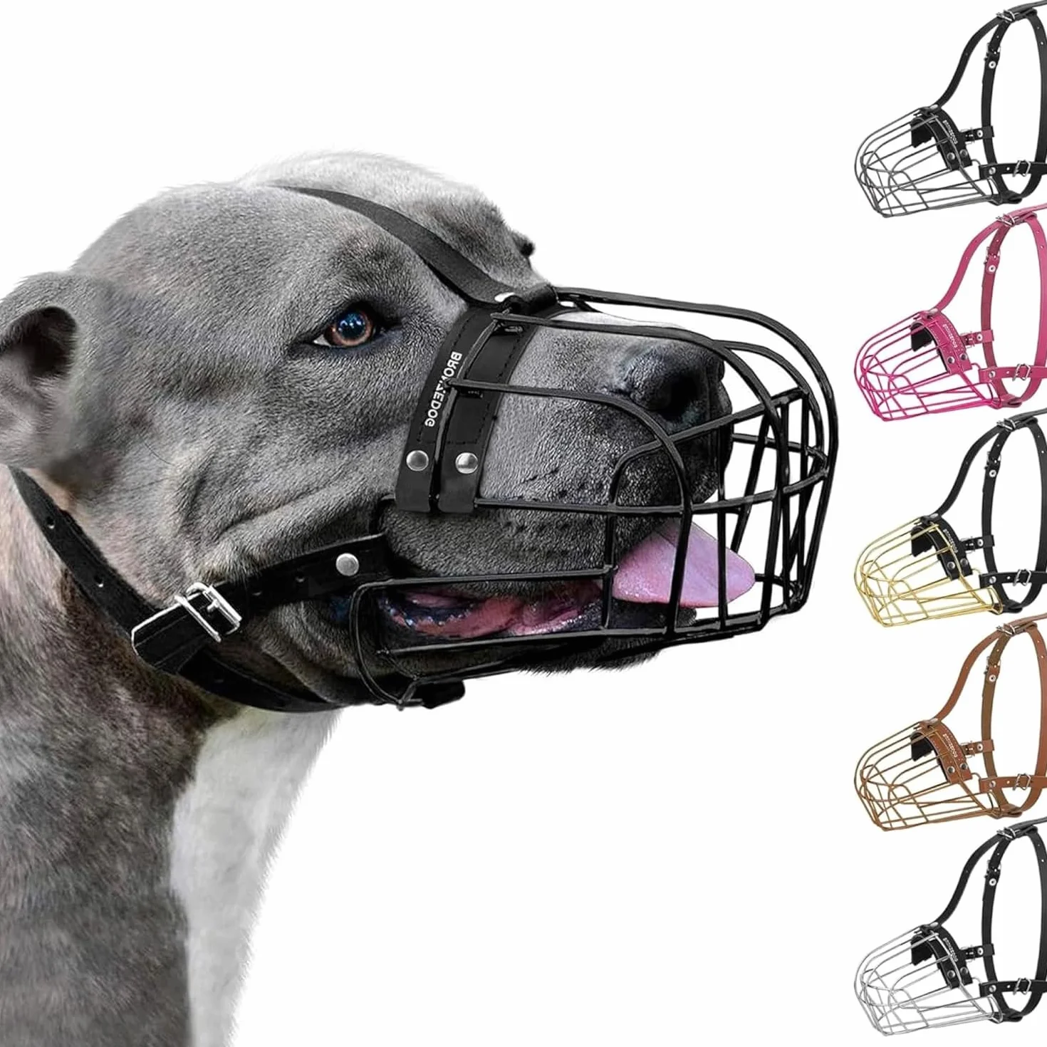 BRONZEDOG Pitbull Kaganiec dla psa metalowa maska Amstaff kosz druciany Pit Bull regulowane skórzane paski dla dużych psów (czarna)