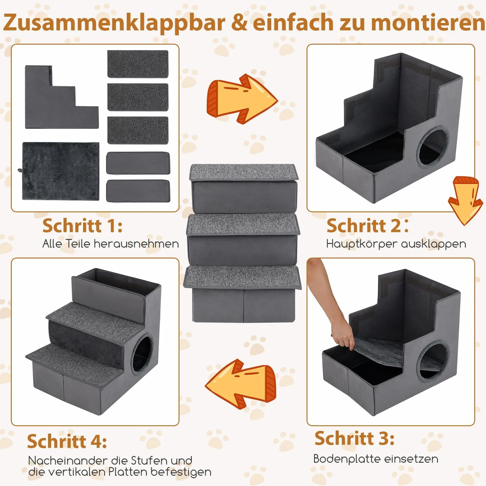 COSTWAY Schody dla psa, 3 stopnie, składana, z miejscem do przechowywania i wydrążeniem, dla małych, dużych, starszych psów, do 54 kg, antypoślizgowa rampa dla psów, na sofę, do samochodu, 54 x 42 x