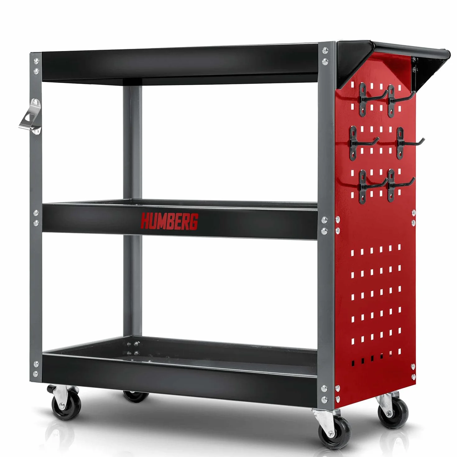 Humberg Wózek Warsztatowy do Garażu - 3-Poziomowy z 6 Haczykami - Udźwig do 300 kg - Stal i Aluminium 80 x 35 x 73 cm