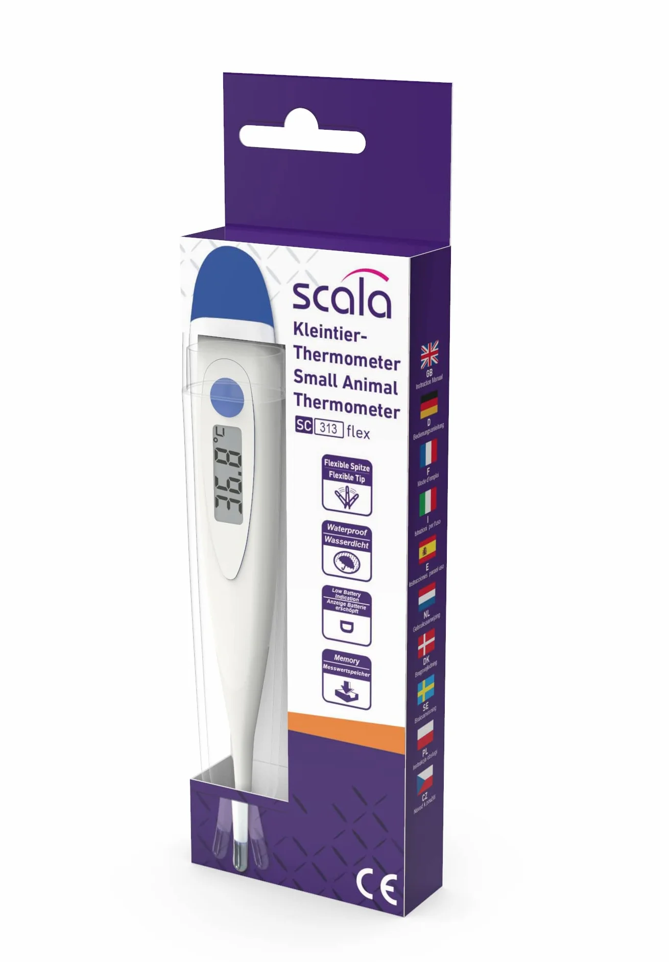 SC 313 flex Speed termometr dla zwierząt domowych, z elastyczną końcówką pomiarową do delikatnego pomiaru temperatury ciała dla małych ssaków, takich jak psy, koty i chomiki