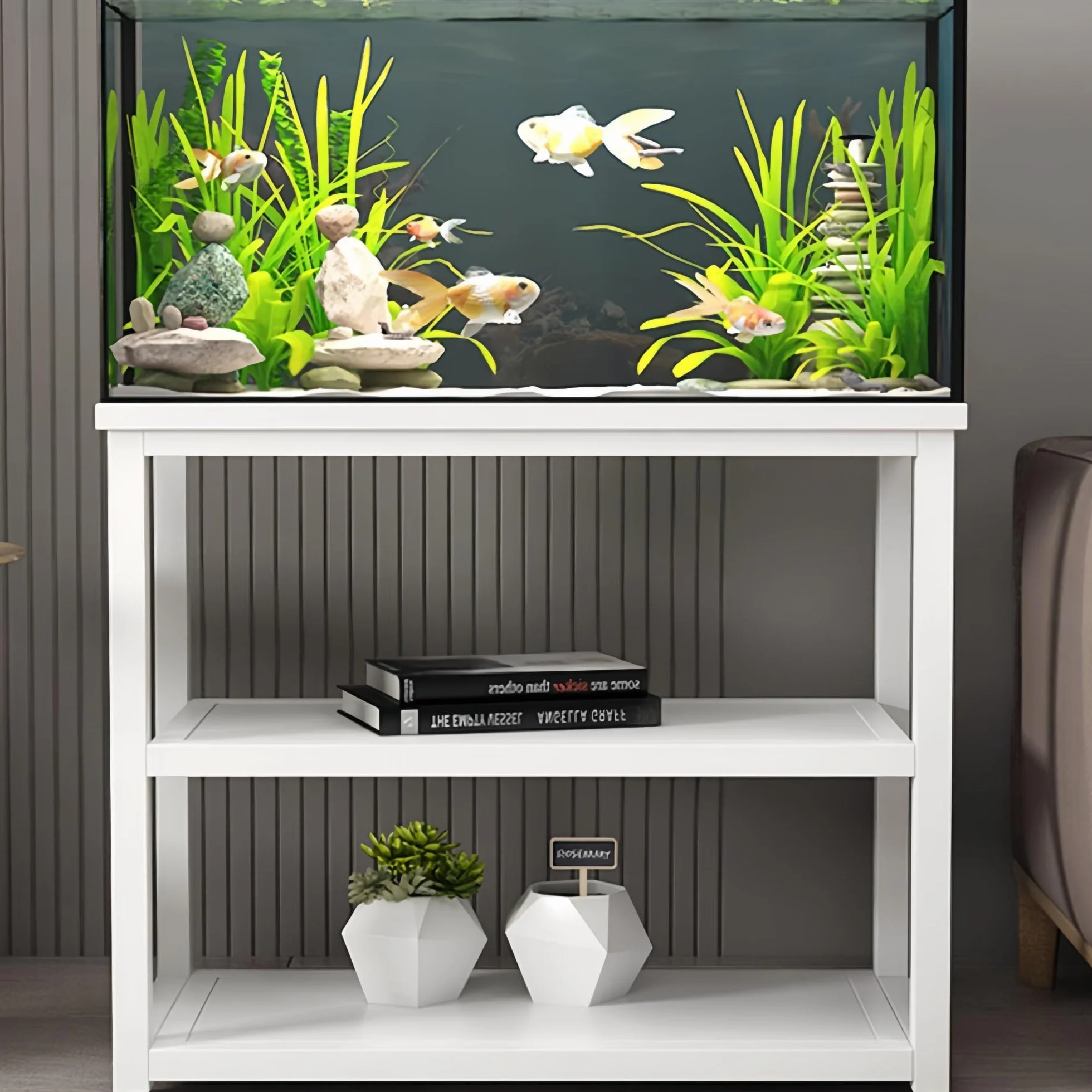 Stojak na akwarium trzypoziomowe, stół do terrarium, duża nośność, metalowy sprzęt, duża przestrzeń do przechowywania, idealna do salonów i biur (wszystkie białe, 27,5 x 11,8 cala)