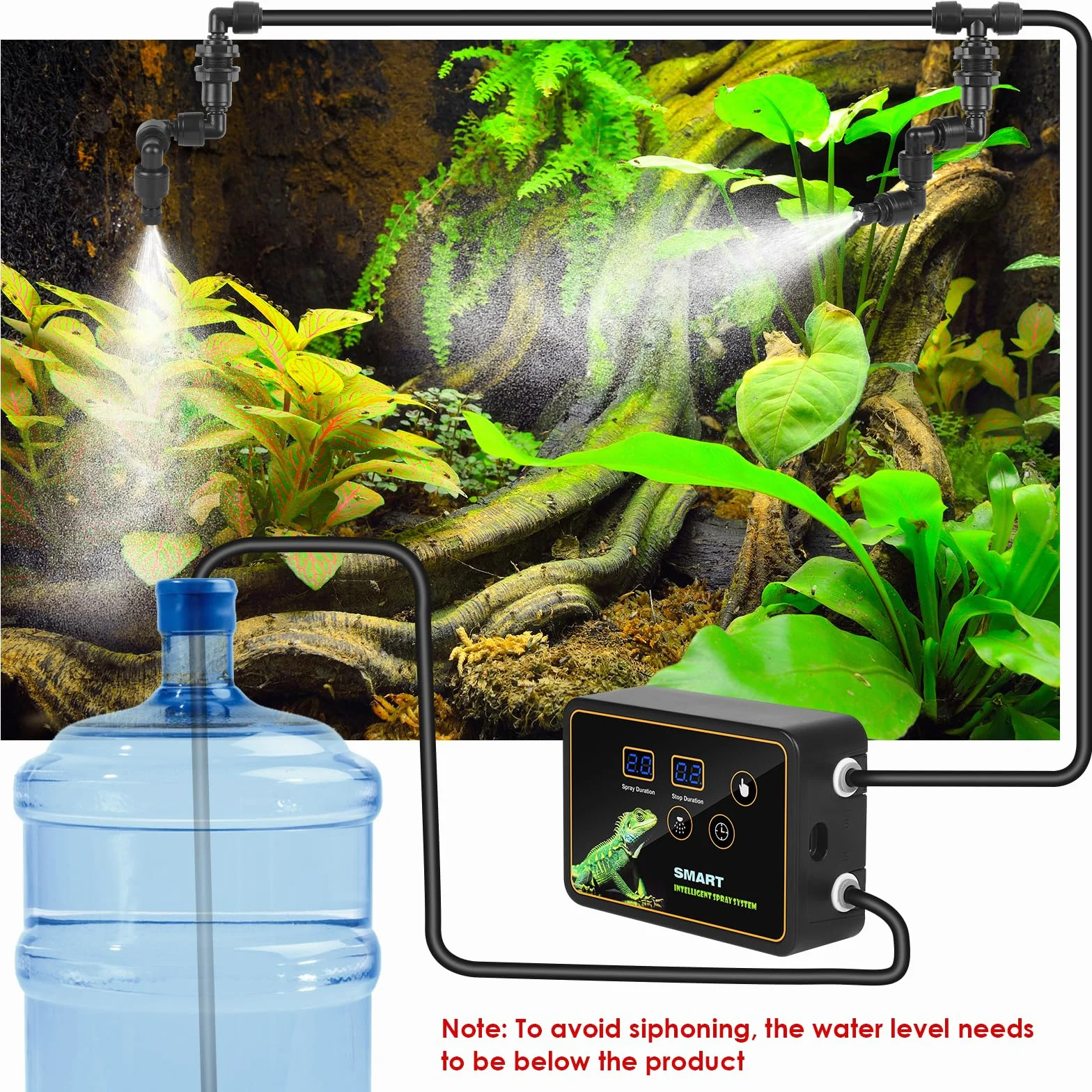 GuKKK inteligentny system nawilżania gadów, nawilżacz powietrza z wężem z timerem i dyszami natryskowymi, regulacja 360°, nebulizator terrarium dla roślin płazów