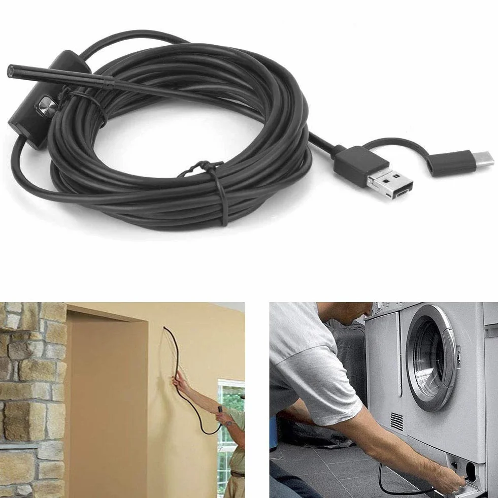 Endoskop USB 5,5 mm Boroskop Inspekcyjny Wodoodporny 3 w 1 z Kamerą Snake 6LED 5 m dla Smartfonów – Przewód Elastyczny do Diagnostyki i Kontroli Trudno Dostępnych Miejsc