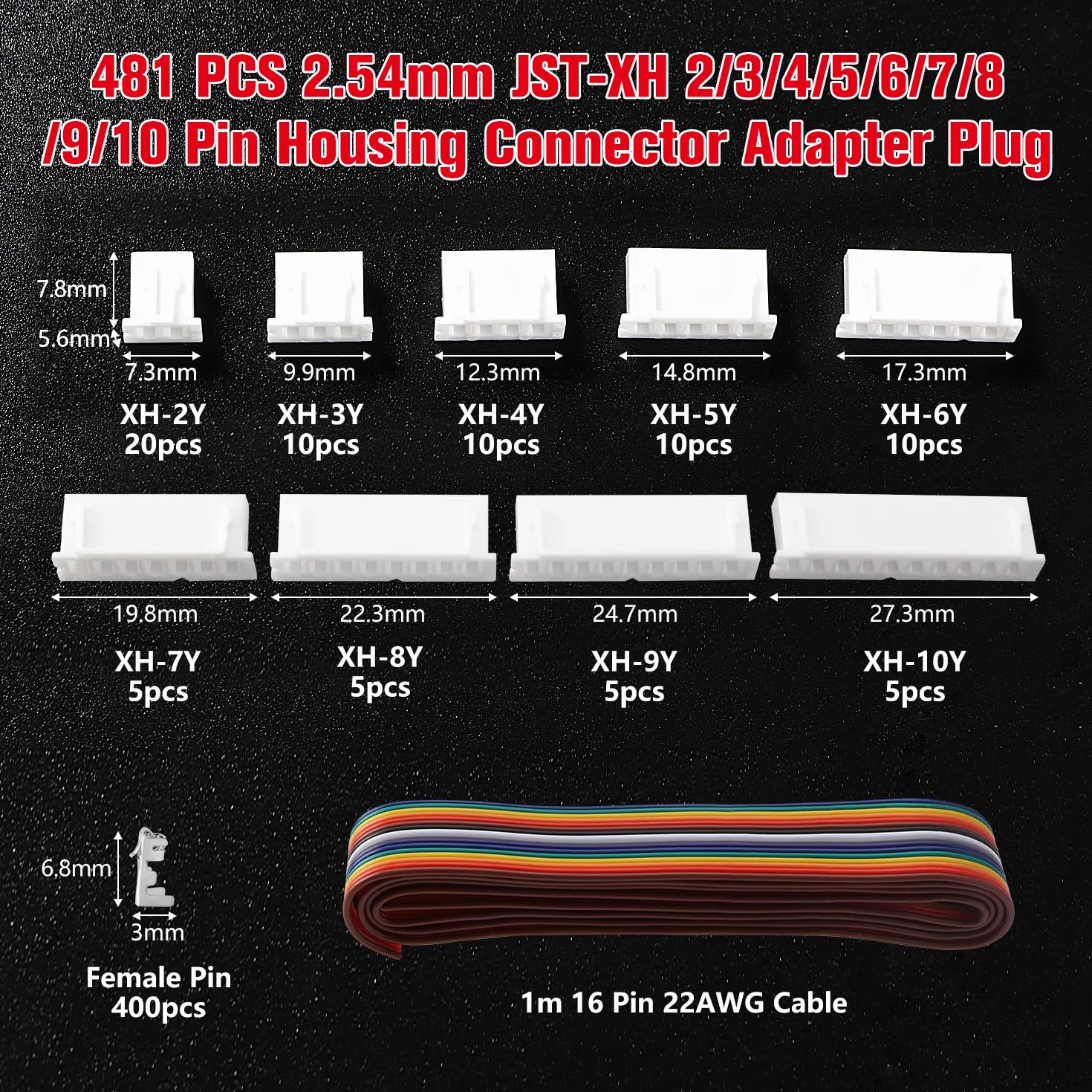 YIXISI Zestaw Złączy JST 2.54mm 481 Sztuk, Złącze Kabla Adaptera JST-XH, Żeńskie-XH, Kabel Taśmowy 22 AWG 1m