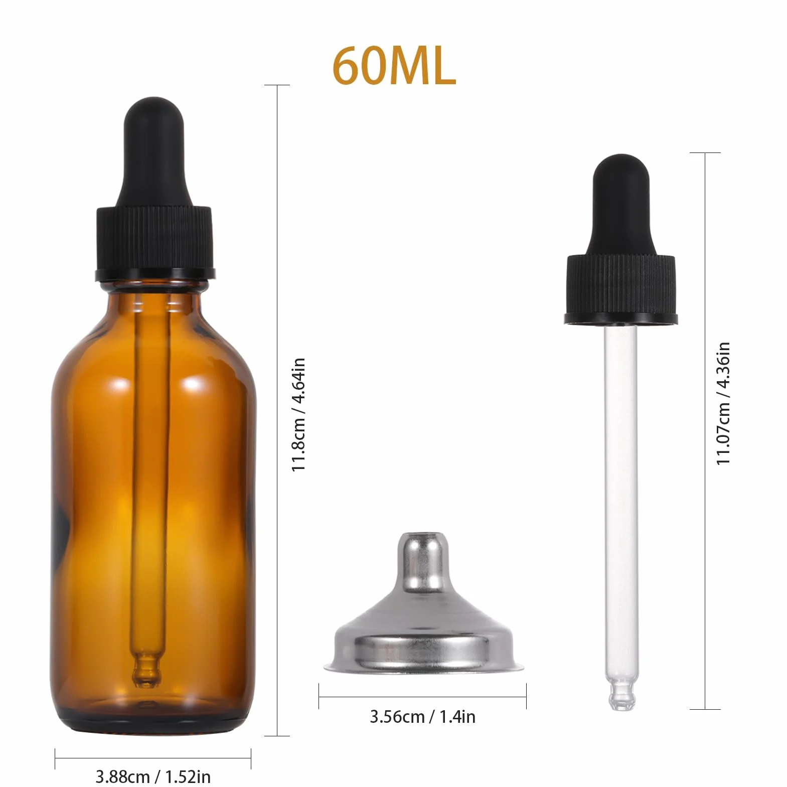 Bursztynowe szklane butelki 60 ml z pipetą i lejkiem ze stali nierdzewnej do olejków eterycznych