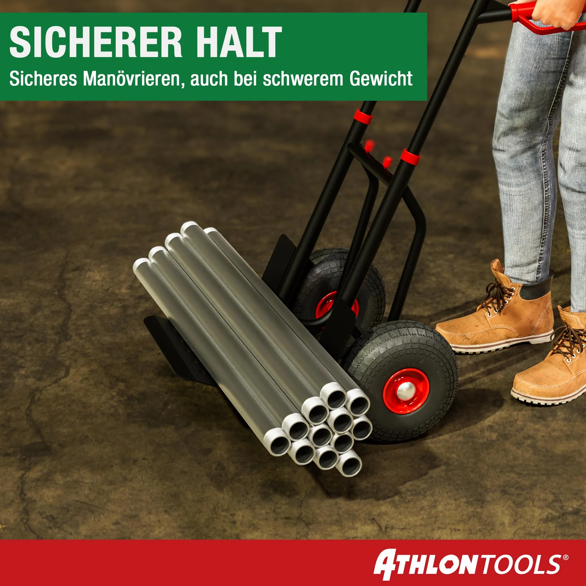 ATHLON TOOLS Wózek transportowy do dużych obciążeń, składany, 200 kg – stalowa rama z oponami wypełnionymi powietrzem, duże koła płynnie poruszają się i nie powodują wstrząsów, składany, zajmuje mało