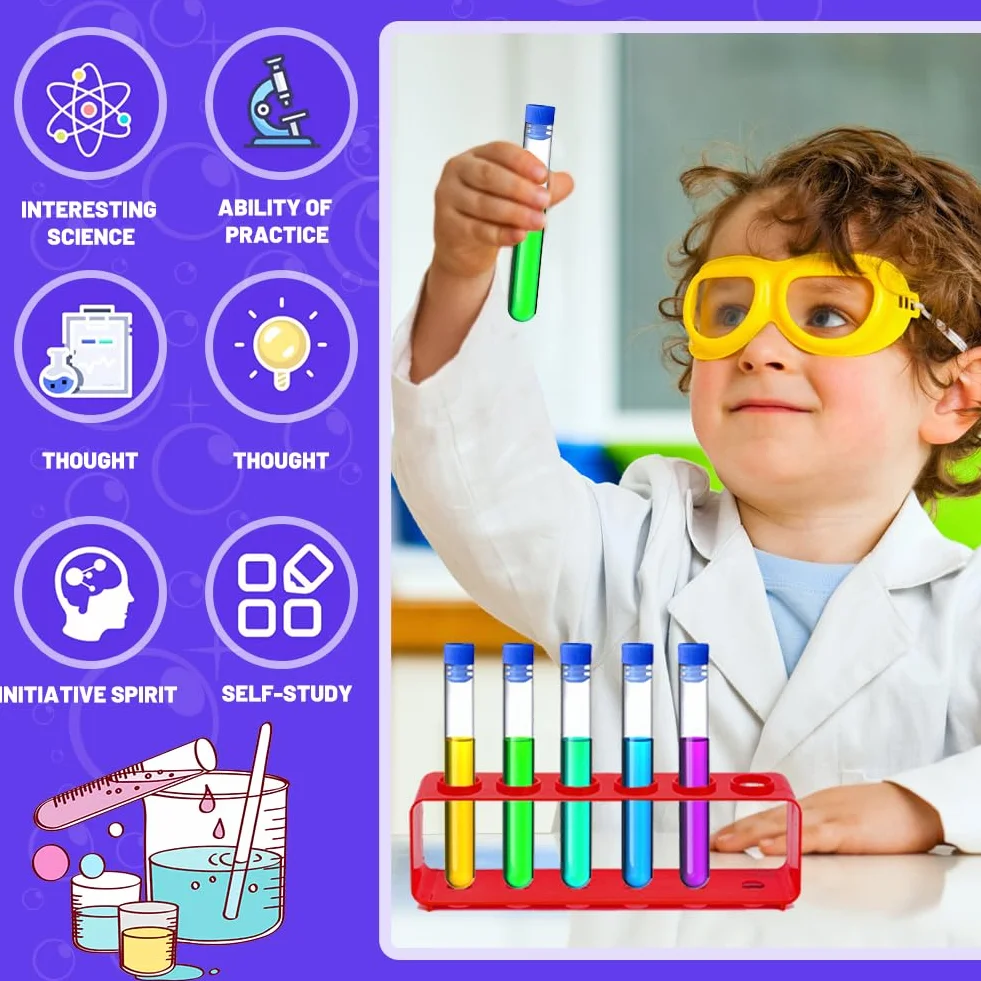 7 szt. plastikowych probówek dla dzieci, plastikowe rurki ze stojakiem dla dzieci sprzęt naukowy dzieci zabawa w wodzie zabawka edukacyjna domowe zestawy naukowe dla chłopców i dziewcząt