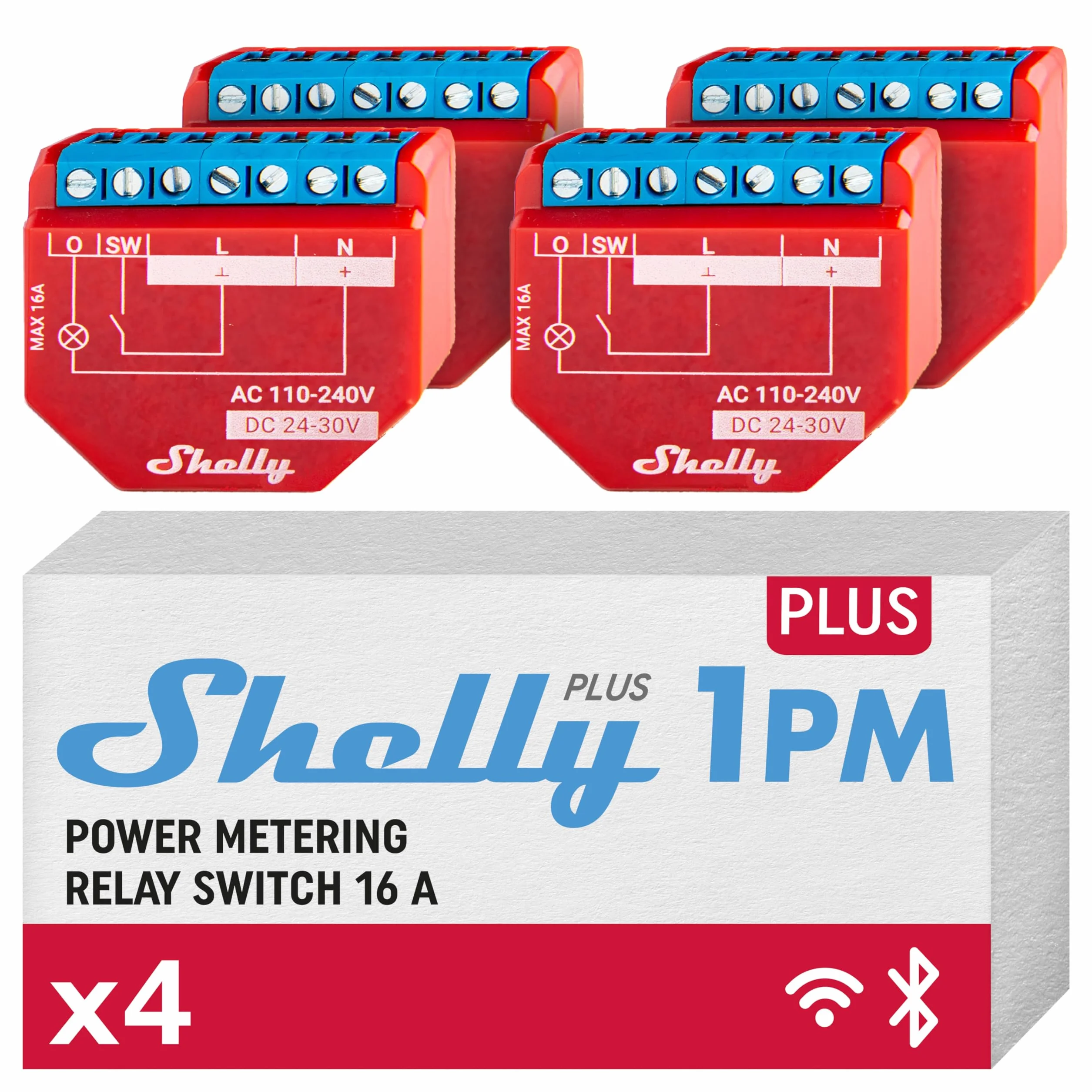Shelly Plus 1PM Bluetooth Wi-Fi automatyzacja urządzeń elektrycznych świateł zużycia energii zestaw 4 szt.