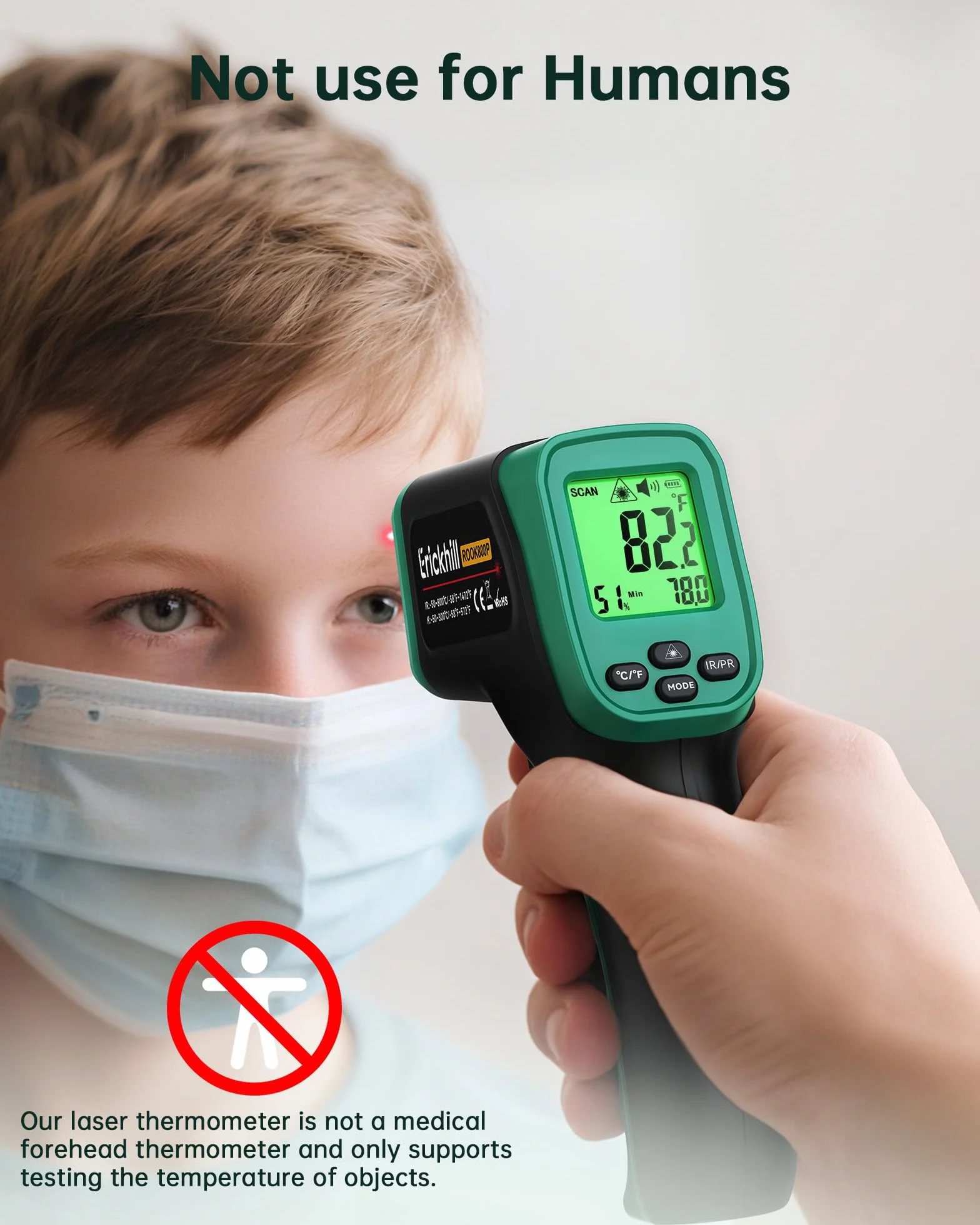 ERICKHILL Termometr na podczerwień od -50°C do 800°C, bezdotykowy cyfrowy termometr laserowy z sondą do mięsa od -50°C do 300°C, regulowana emisyjność, nadaje się do gotowania, grillowania, zamrażania