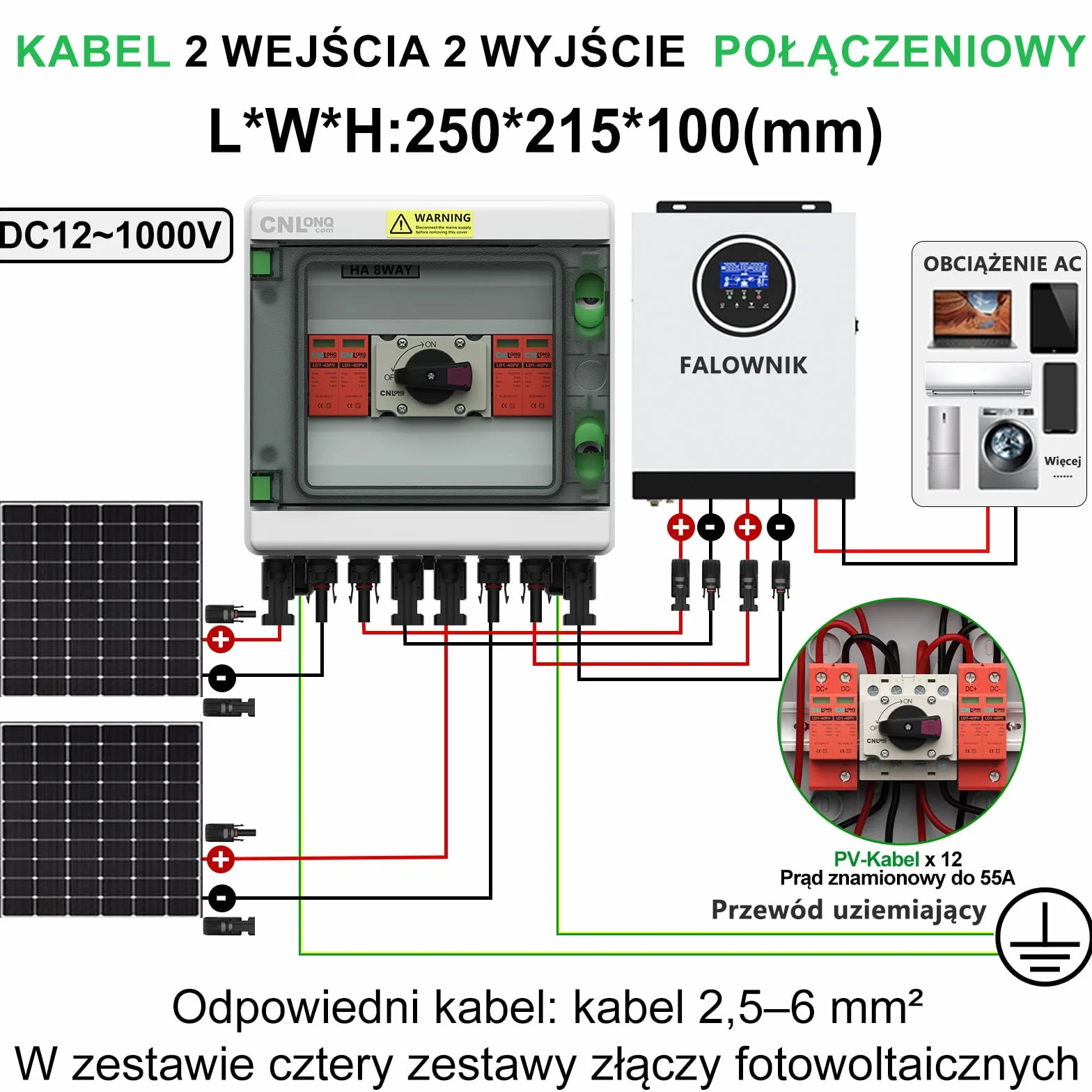 Solarna skrzynka przyłączeniowa PV DC1000 V, ochrona przed przepięciem, PV DC, 2 struny, 2 w 2 wyjścia, wodoszczelna obudowa do instalacji PV, kompletny zestaw