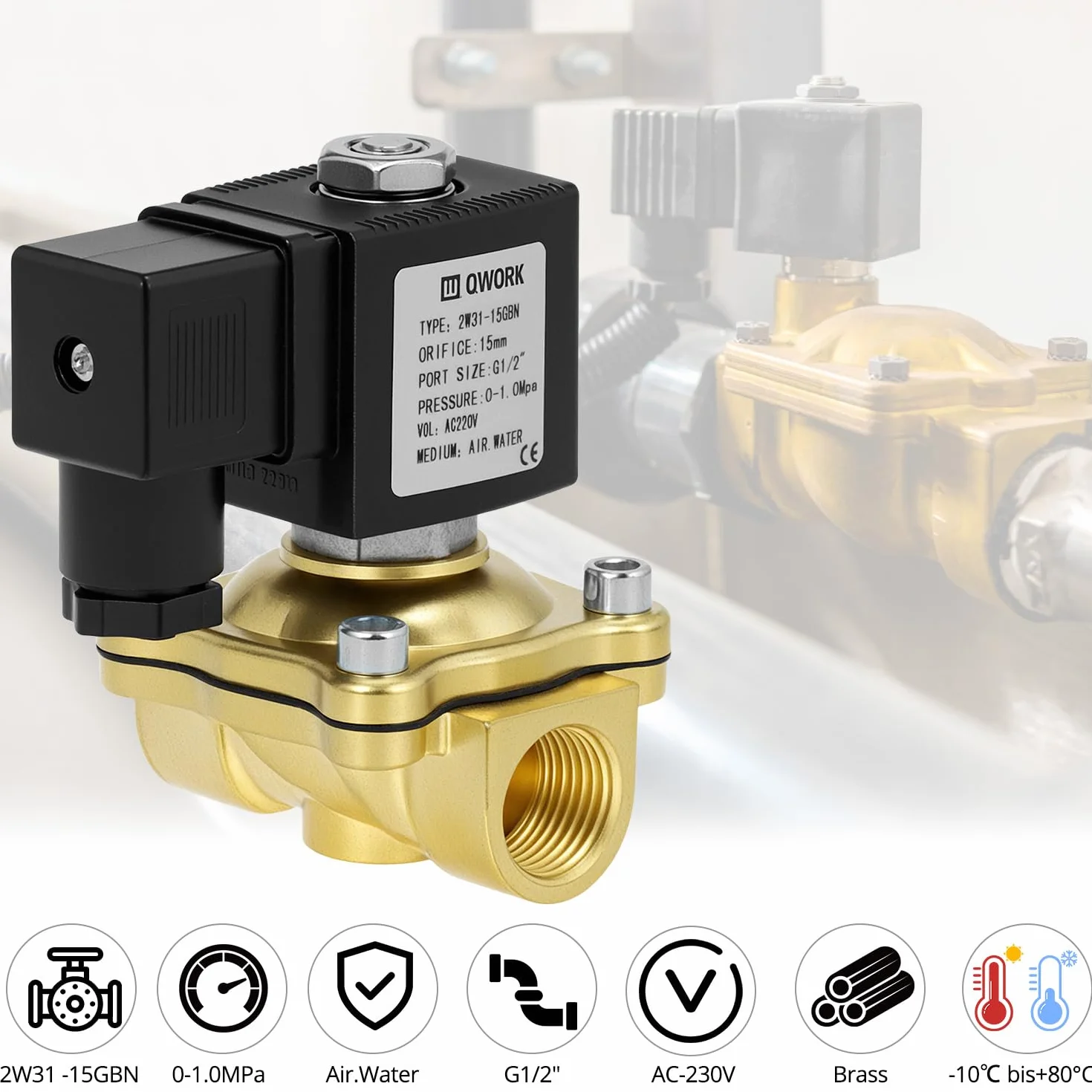 QWORK® Zawór elektromagnetyczny z mosiądzu, G1/2" 220V AC normalnie zamknięty zawór elektromagnetyczny, do wody, powietrza i oleju