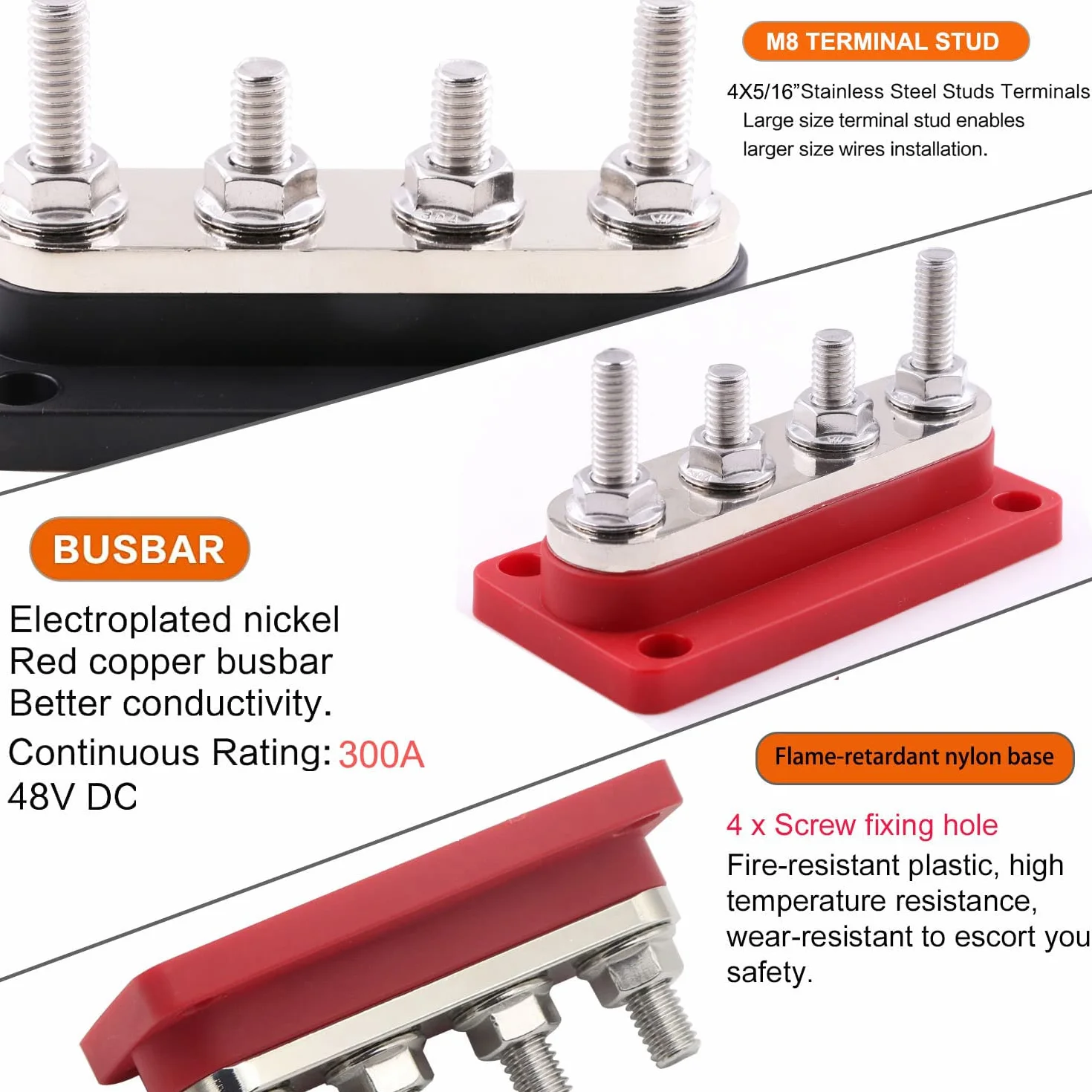Barre de Bus 300A 12V-48V CC Cuivre Module Robuste 4xM8 Bornes Bloc Distribution Terre avec Couvercle Noir Rouge